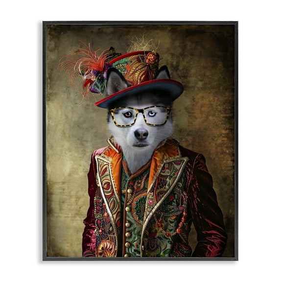 Stupell Industries Husky Dog Eclectic Suit Animals & Insects Painting Black Framed Art Print Wall Art, 11 x 14