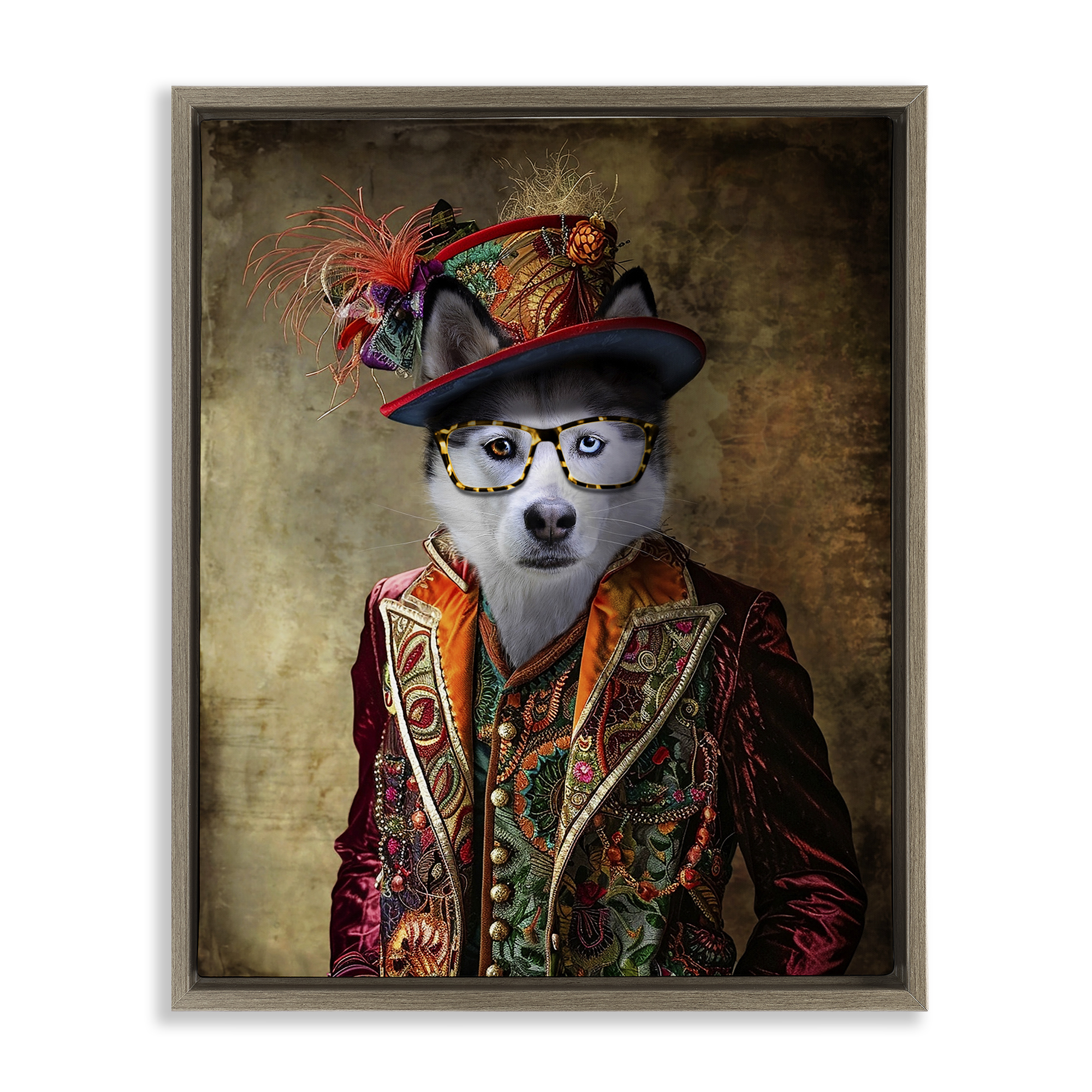 Stupell Industries Husky Dog Eclectic Suit Animals & Insects Painting Brown Floater Framed Canvas Art Print Wall Art, 17 x 21