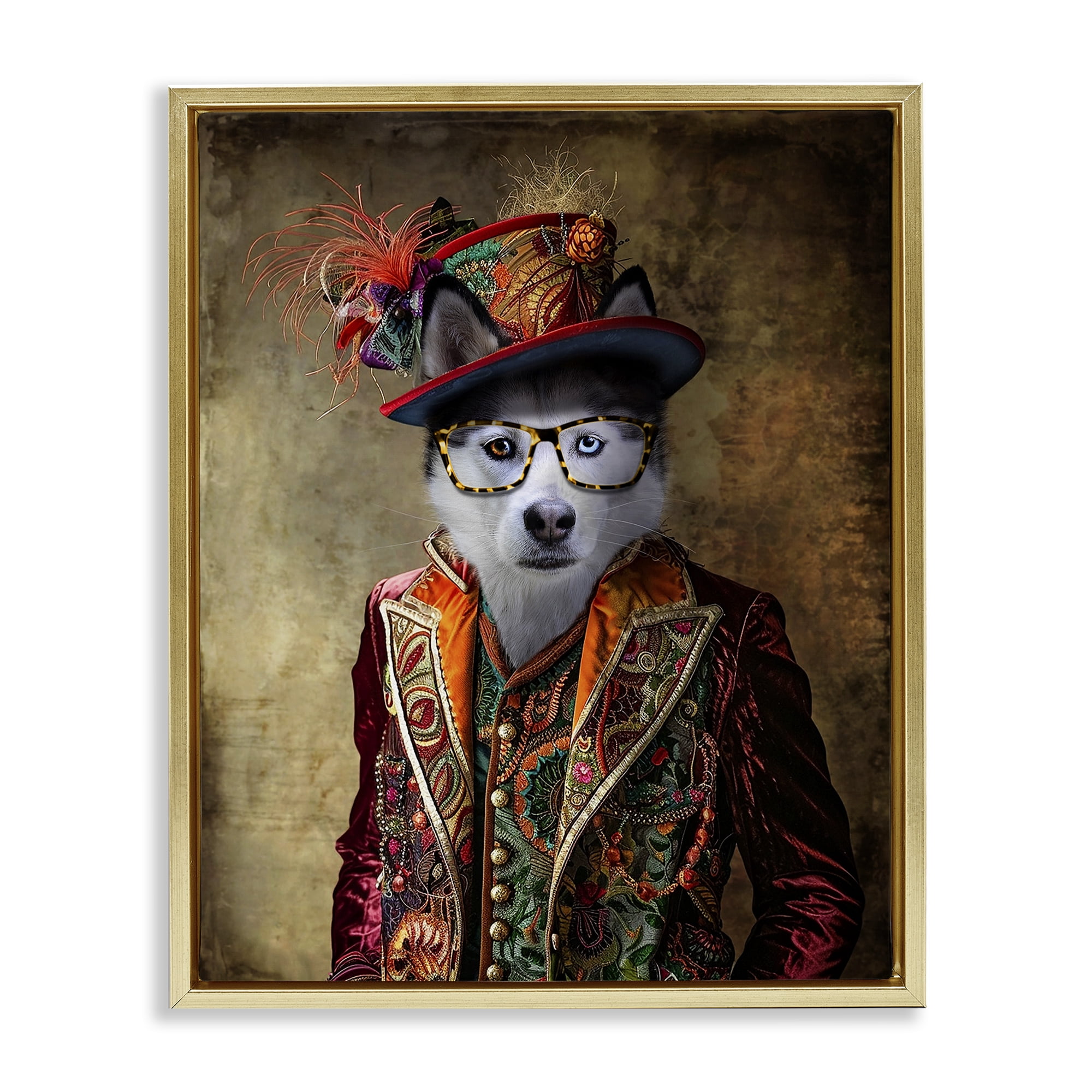 Stupell Industries Husky Dog Eclectic Suit Animals & Insects Painting Gold Floater Framed Canvas Art Print Wall Art, 17 x 21