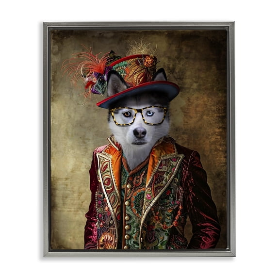 Stupell Industries Traditional Husky Dog Eclectic Suit Gray Floating Frame Canvas Art, 17 x 21, by Karen Burke