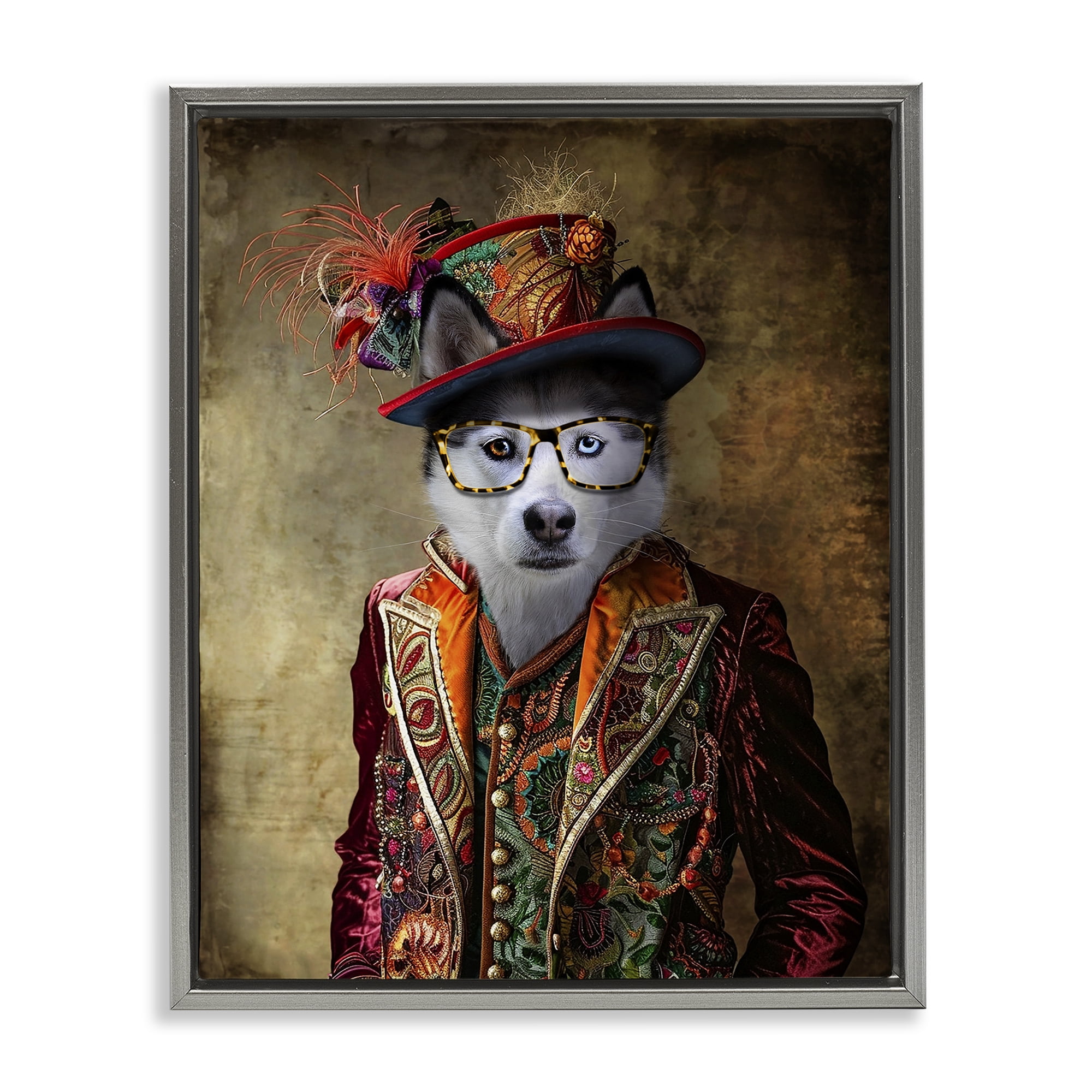 Stupell Industries Husky Dog Eclectic Suit Animals & Insects Painting Gray Floater Framed Canvas Art Print Wall Art, 25 x 31