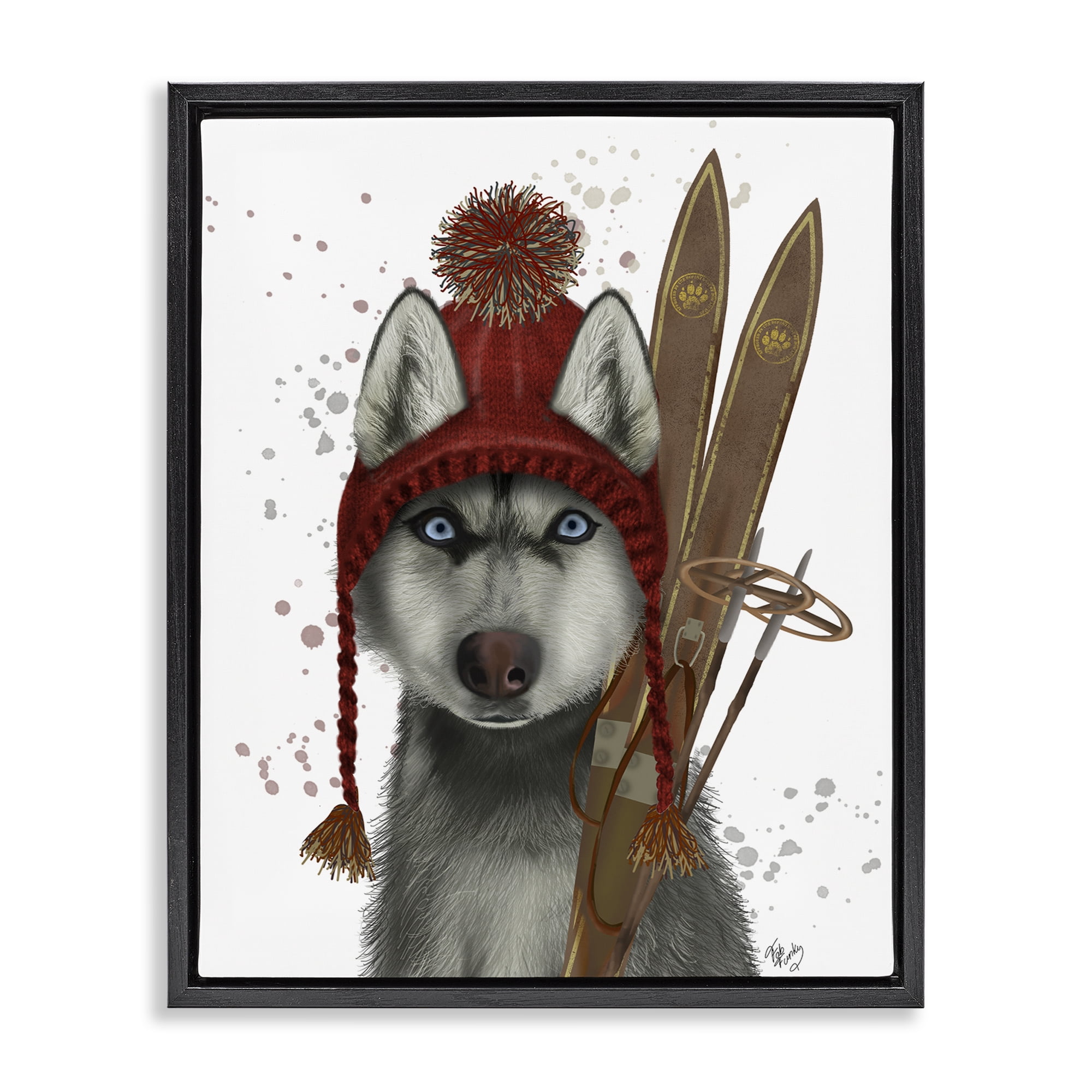 Stupell Industries Husky with Winter Skis Animals & Insects Painting Black Floater Framed Canvas Art Prints Wall Art, 17 x 21