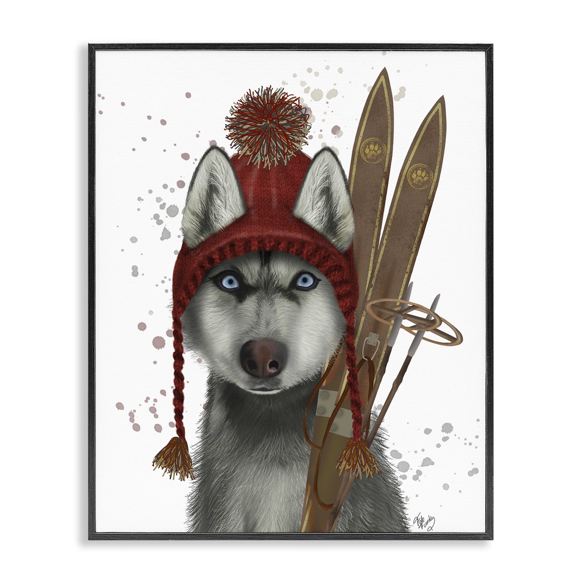 Stupell Industries Husky with Winter Skis Animals & Insects Painting Black Framed Art Prints Wall Art, 24 x 30