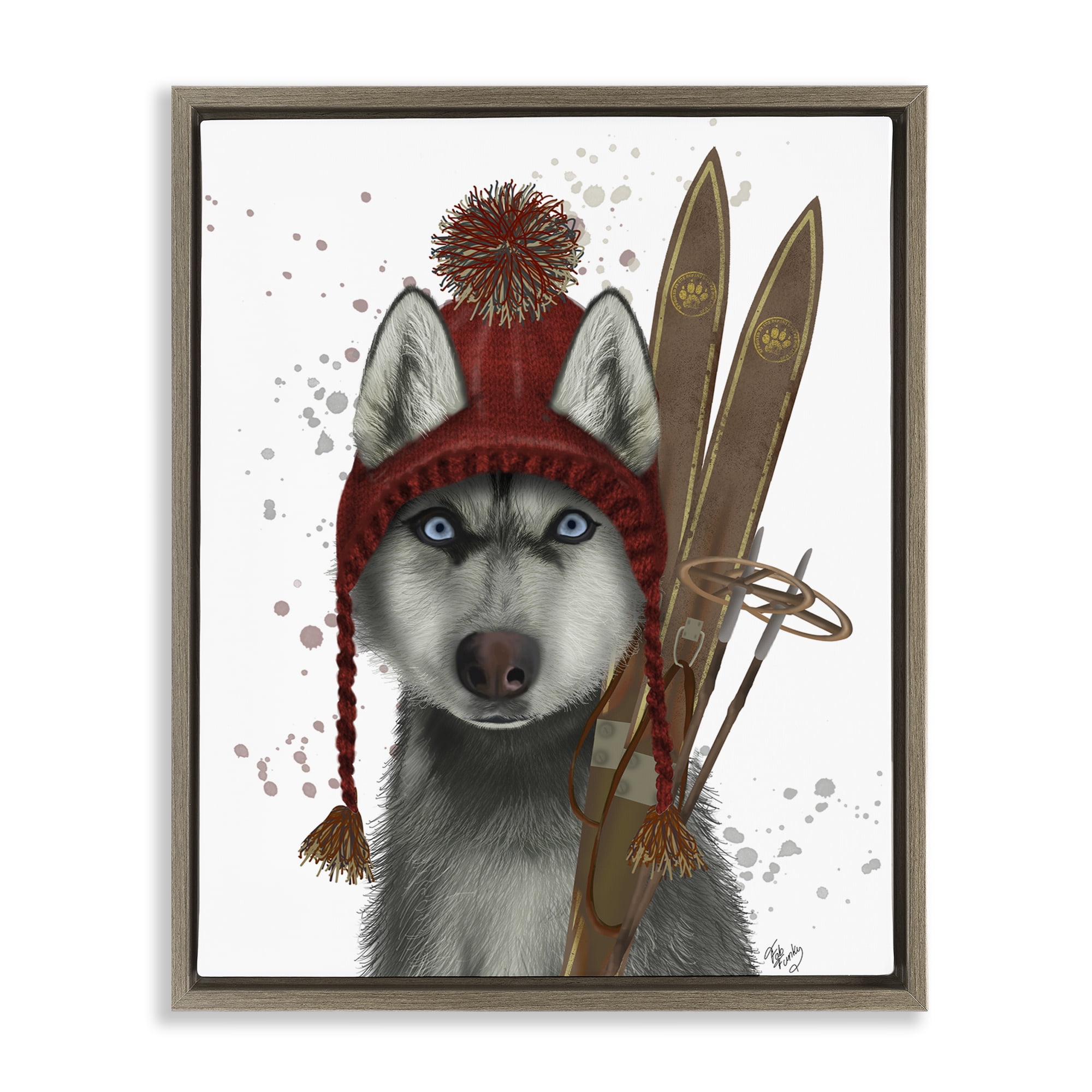 Stupell Industries Husky with Winter Skis Animals & Insects Painting Brown Floater Framed Canvas Art Prints Wall Art, 17 x 21