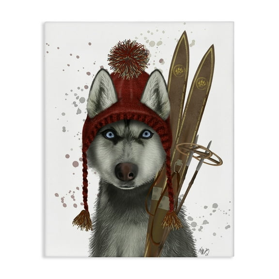 Stupell Industries Husky with Winter Skis Animals & Insects Painting Gallery Wrapped Canvas Art Prints Wall Art, 16 x 20