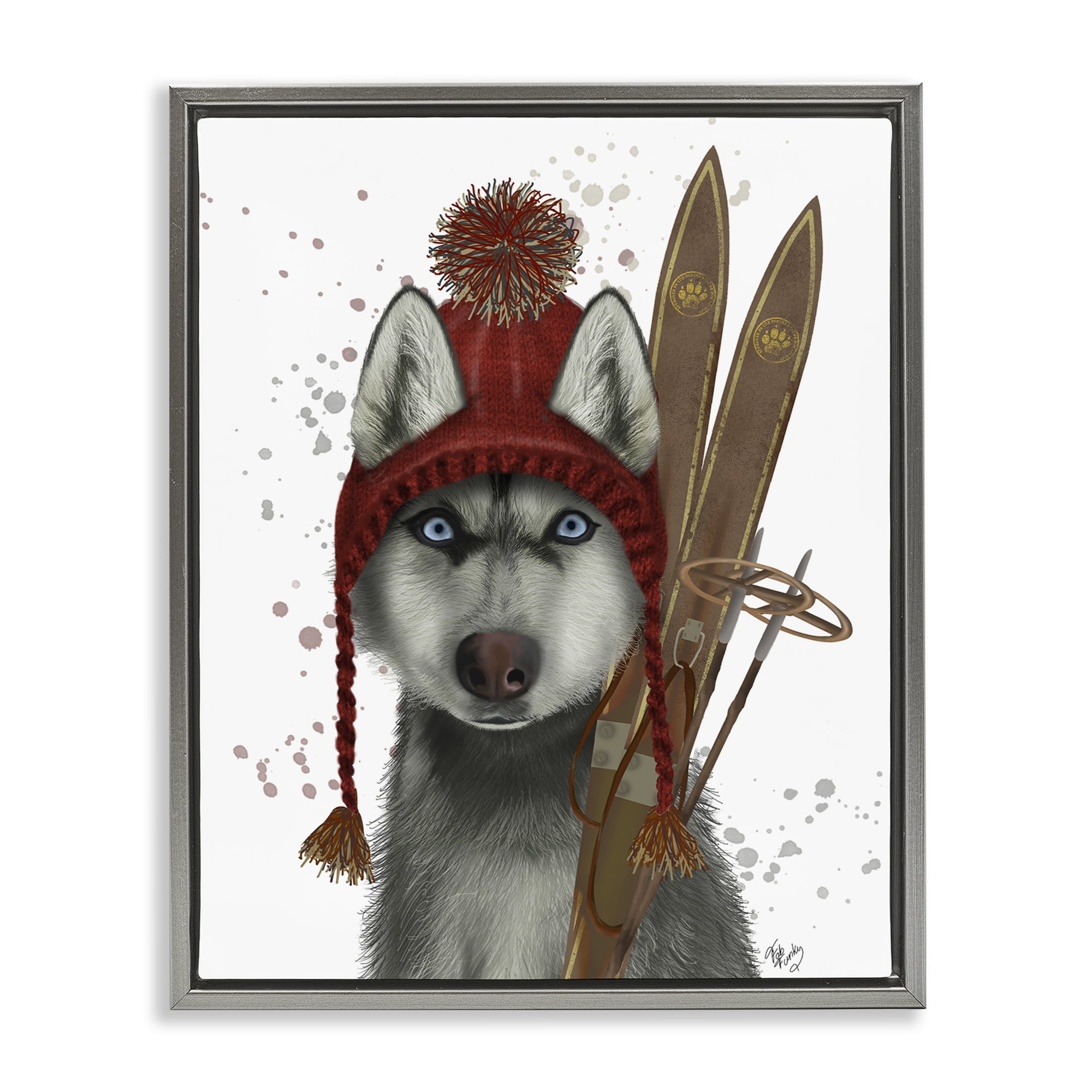 Stupell Industries Husky with Winter Skis Animals & Insects Painting Gray Floater Framed Canvas Art Prints Wall Art, 25 x 31