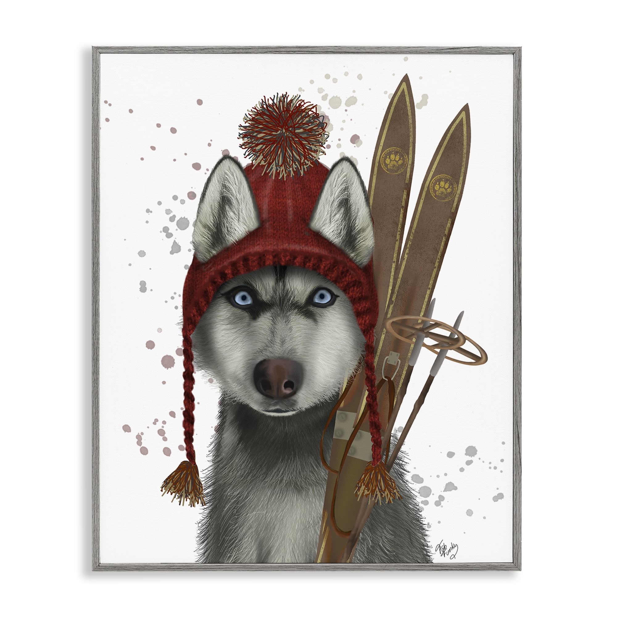 Stupell Industries Husky with Winter Skis Animals & Insects Painting Gray Framed Art Prints Wall Art, 24 x 30