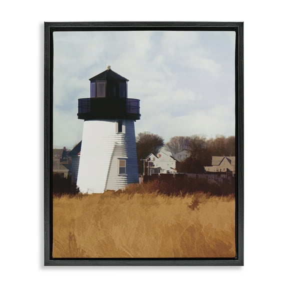 Stupell Industries Hyannis Lighthouse Landscape Landscape & Nature Painting Black Floater Framed Canvas Art Print Wall Art, 17 x 21