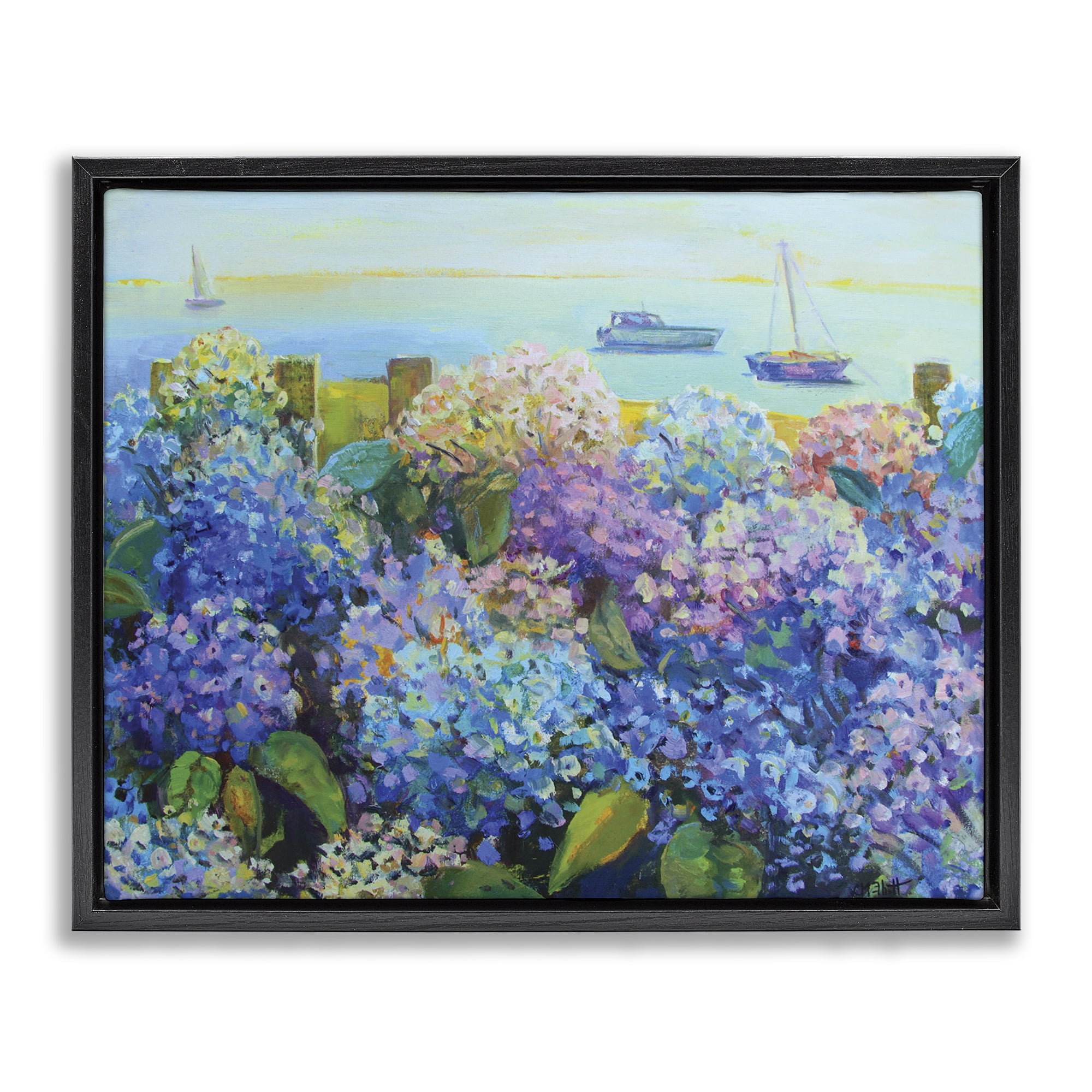 Stupell Industries Hydrangea By The Sea Landscape Painting Black Floater Framed Art Print Wall Art, 31 x 25