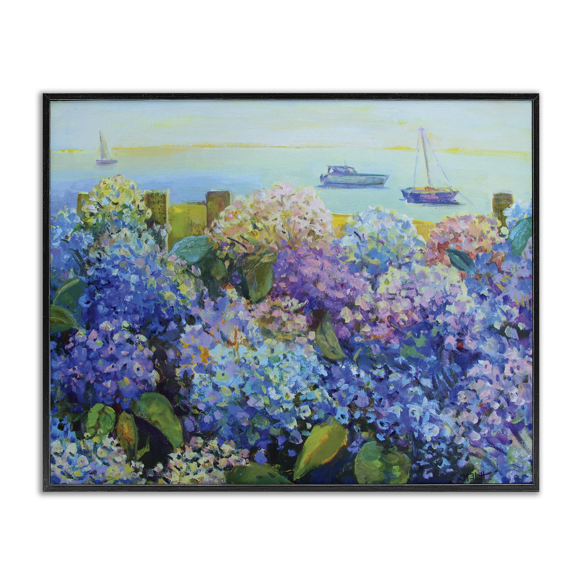 Stupell Industries Hydrangea By The Sea Landscape Painting Black Framed Art Print Wall Art, 30 x 24