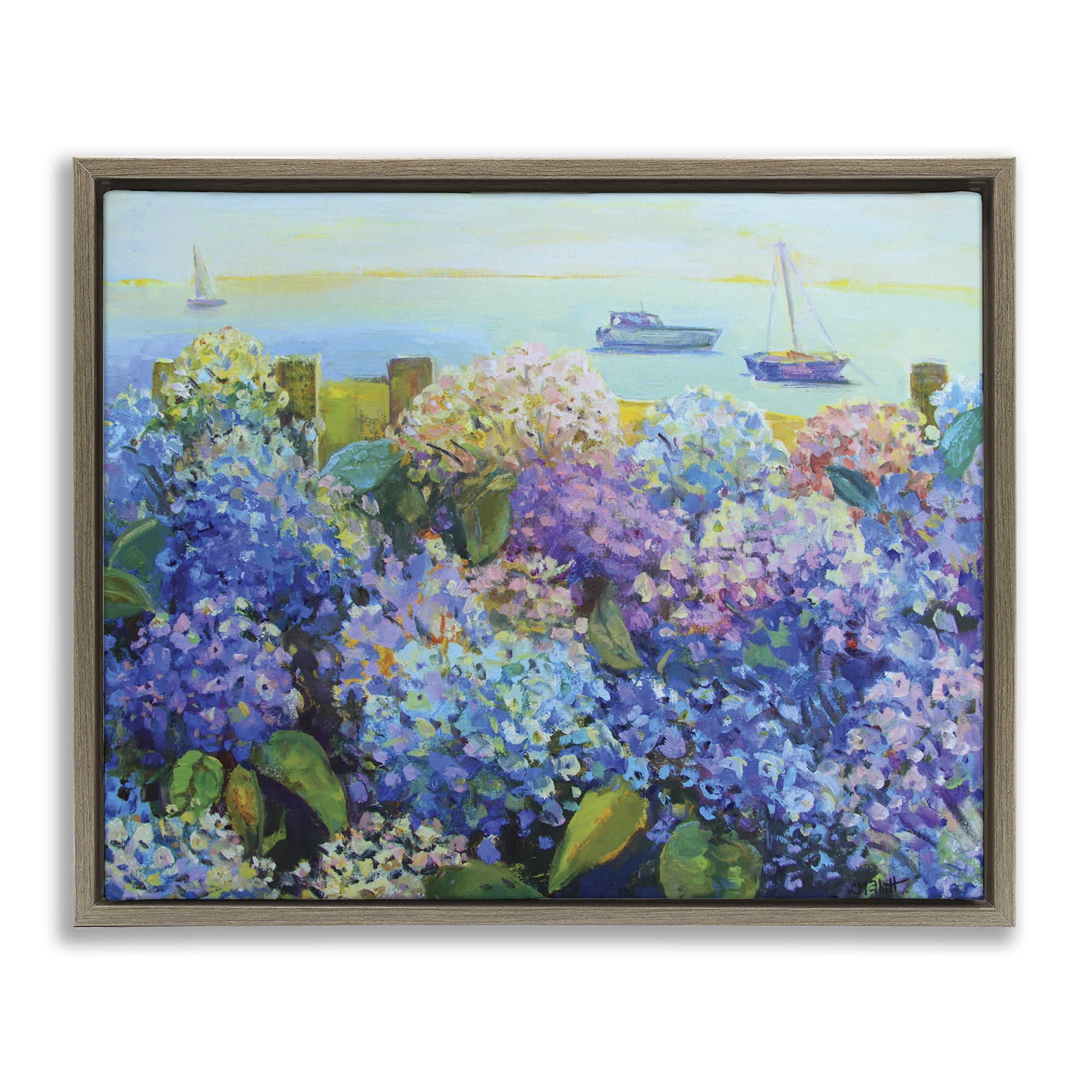Stupell Industries Hydrangea By The Sea Landscape Painting Brown Floater Framed Art Print Wall Art, 31 x 25