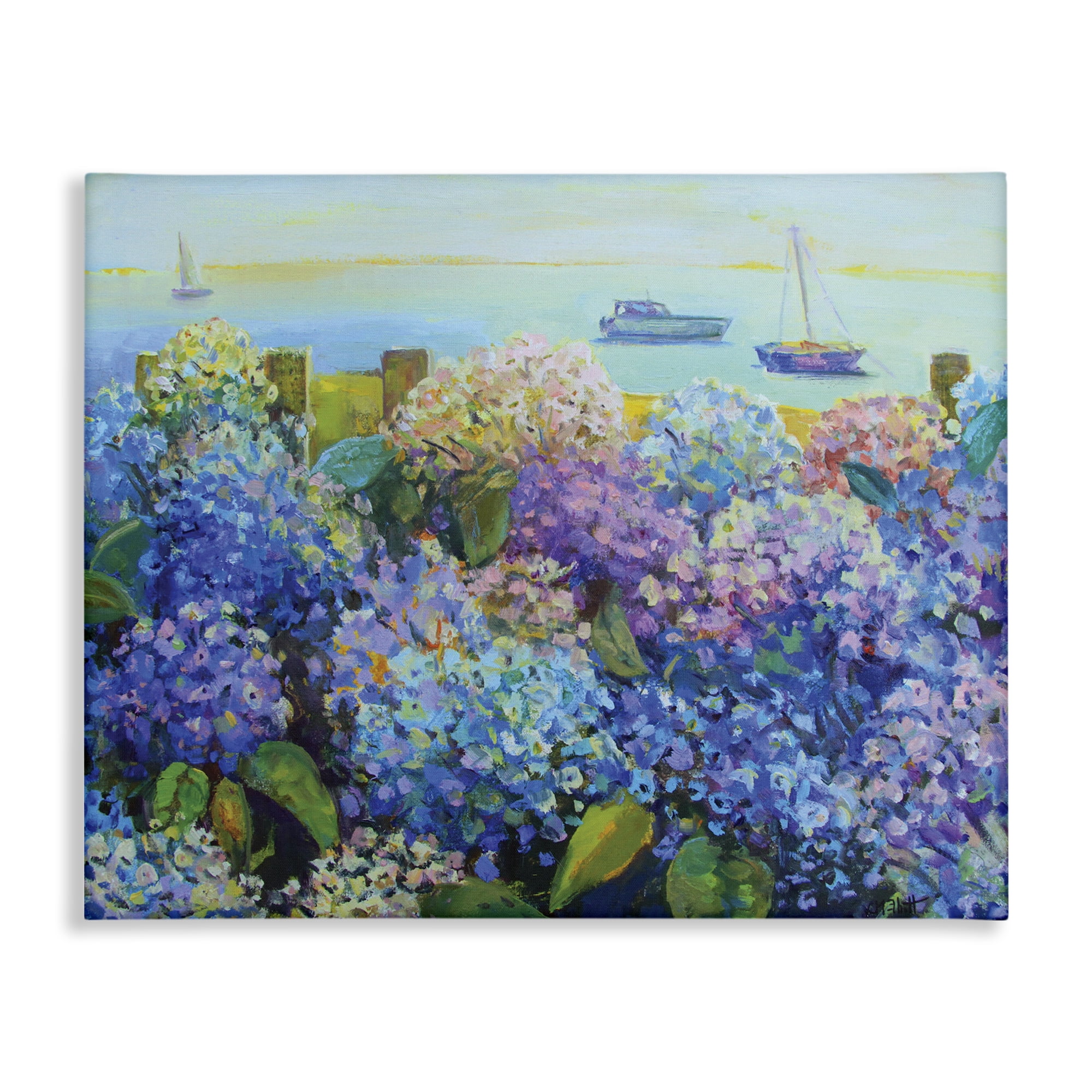 Stupell Industries Hydrangea By The Sea Landscape Painting Gallery Wrapped Canvas Art Print Wall Art, 30 x 24