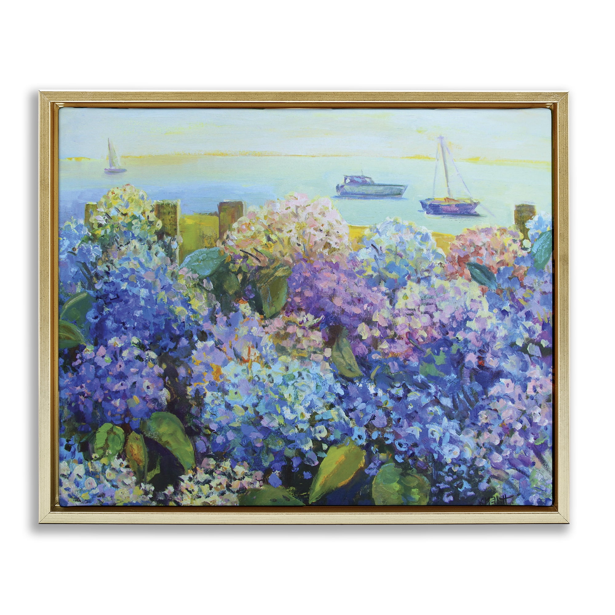 Stupell Industries Hydrangea By The Sea Landscape Painting Gold Floater Framed Art Print Wall Art, 21 x 17