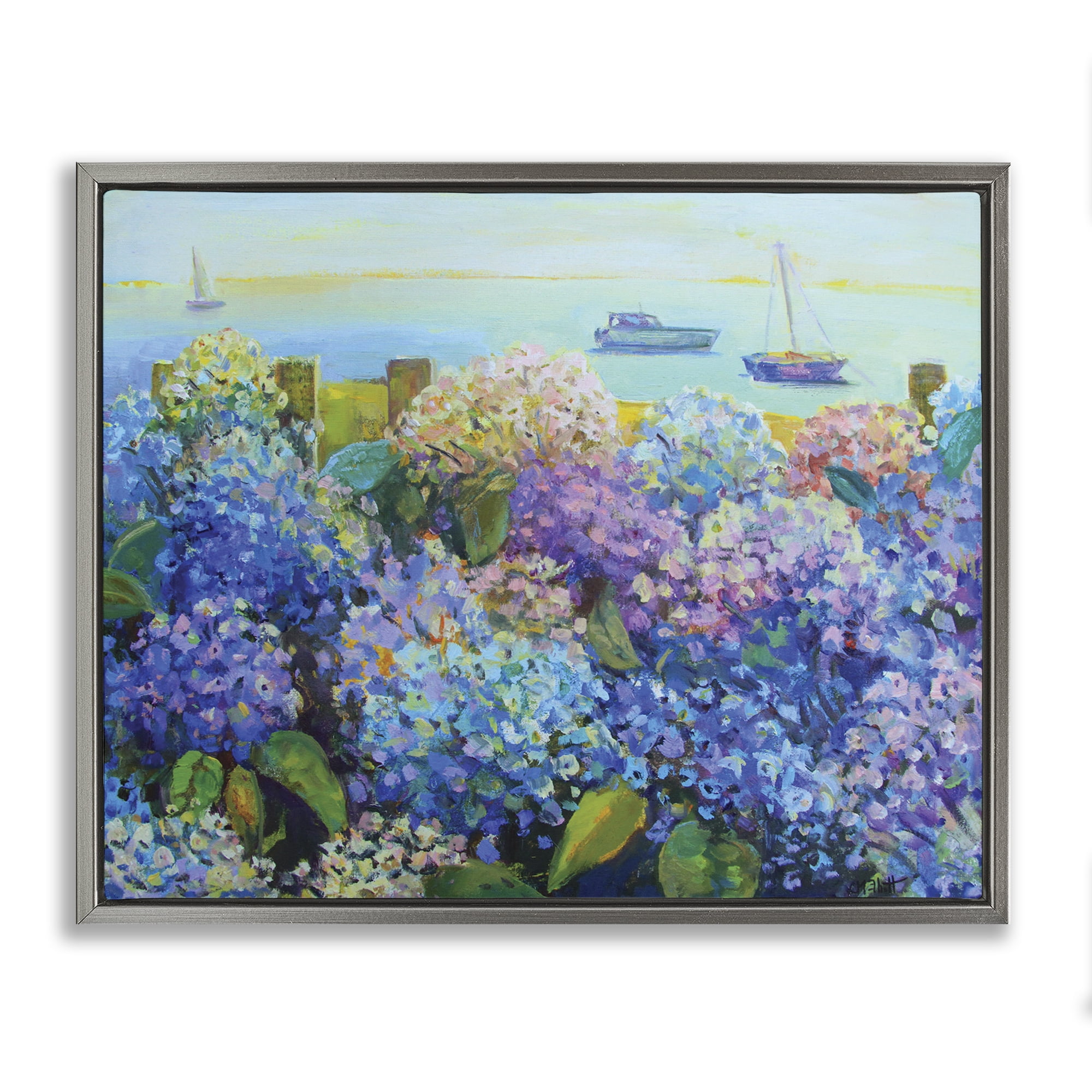 Stupell Industries Hydrangea By The Sea Landscape Painting Gray Floater Framed Art Print Wall Art, 31 x 25