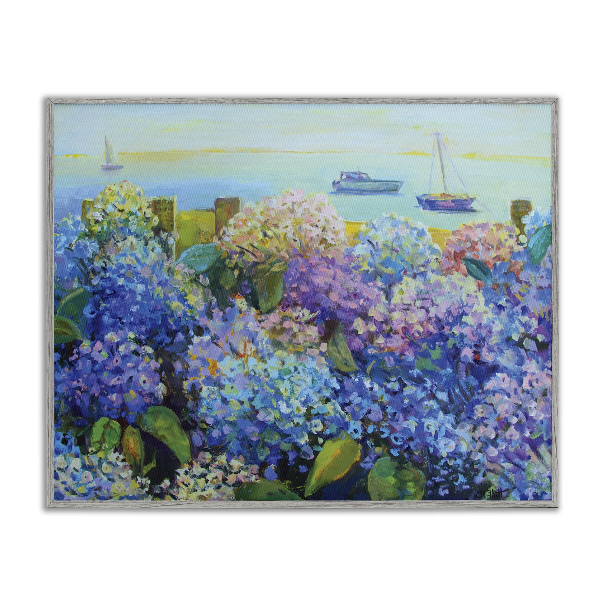 Stupell Industries Hydrangea By The Sea Landscape Painting Gray Framed Art Print Wall Art, 14 x 11