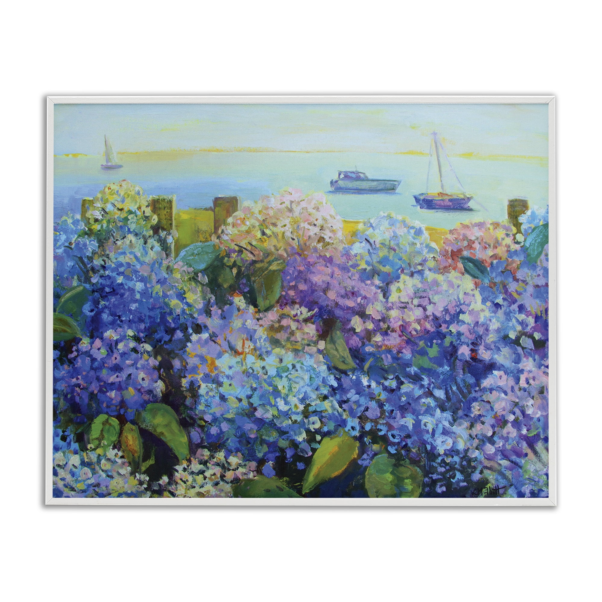 Stupell Industries Hydrangea By The Sea Landscape Painting White Framed Art Print Wall Art, 20 x 16