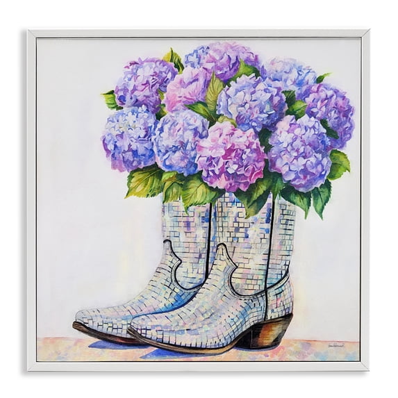 Stupell Industries Hydrangea Filled Cowgirl Boots Floral Painting White Framed Art Print Wall Art, 12 x 12