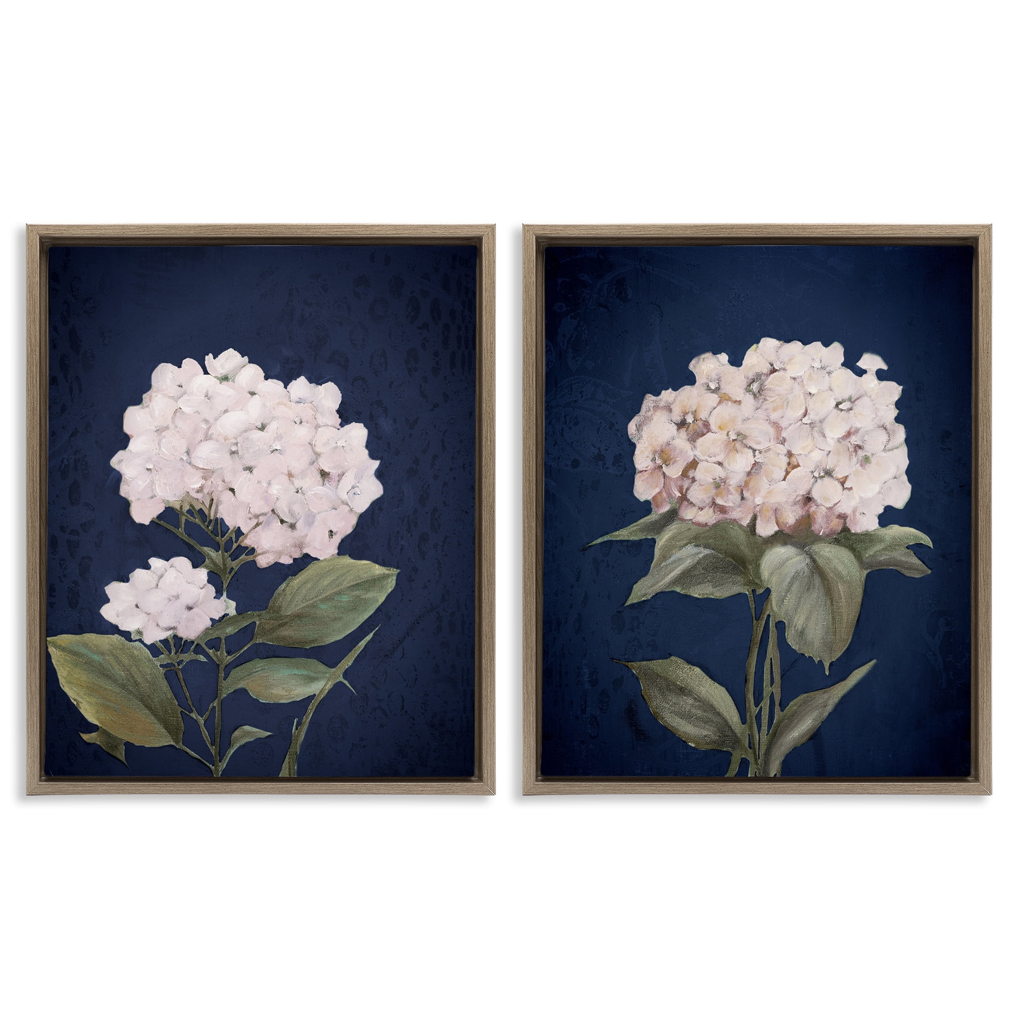 Stupell Industries Hydrangea Flower on Blue Plants & Flowers Painting Brown Floater Framed Canvas Art Print Wall Art, 17 x 21, Set of 2