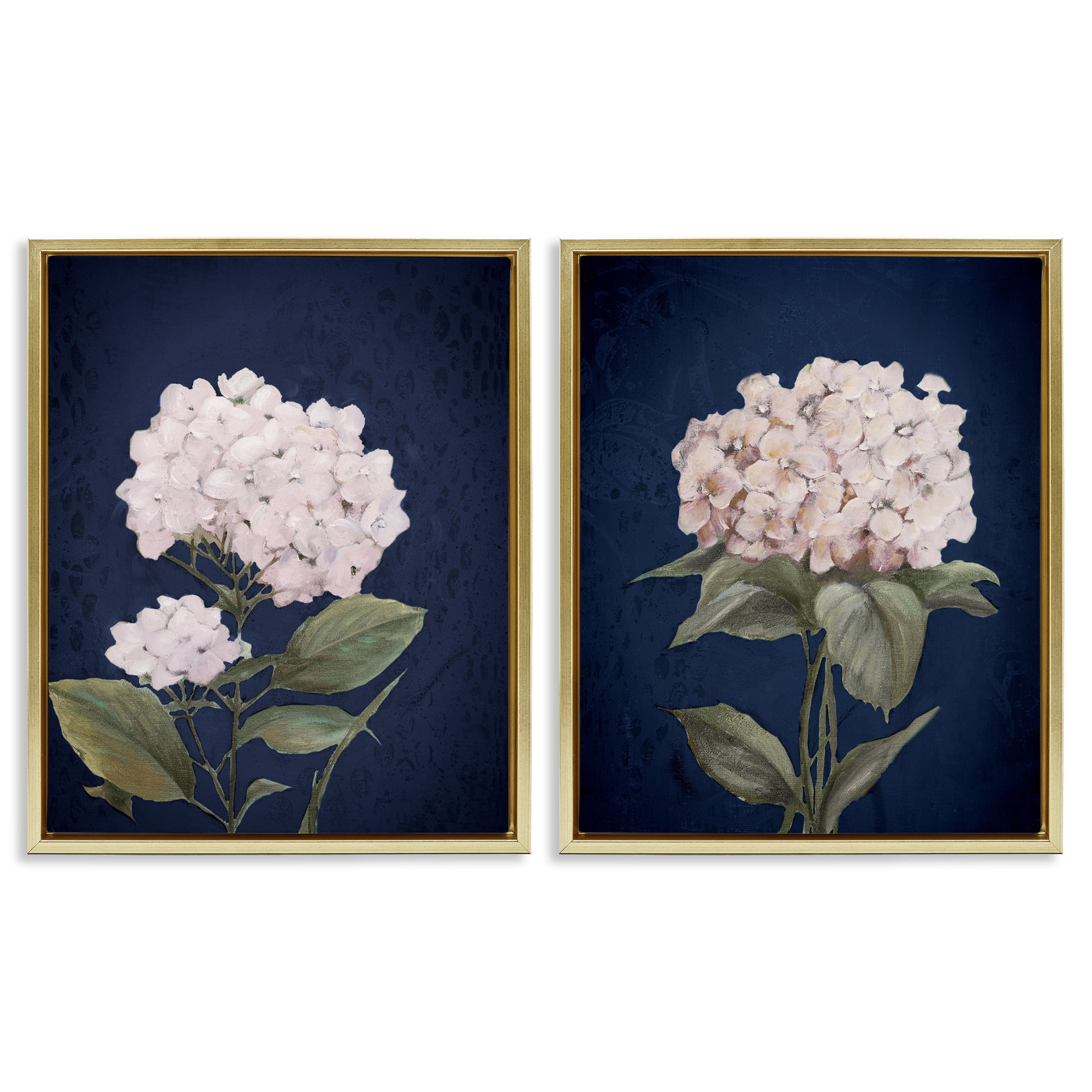 Stupell Industries Hydrangea Flower on Blue Plants & Flowers Painting Gold Floater Framed Canvas Art Print Wall Art, 17 x 21, Set of 2
