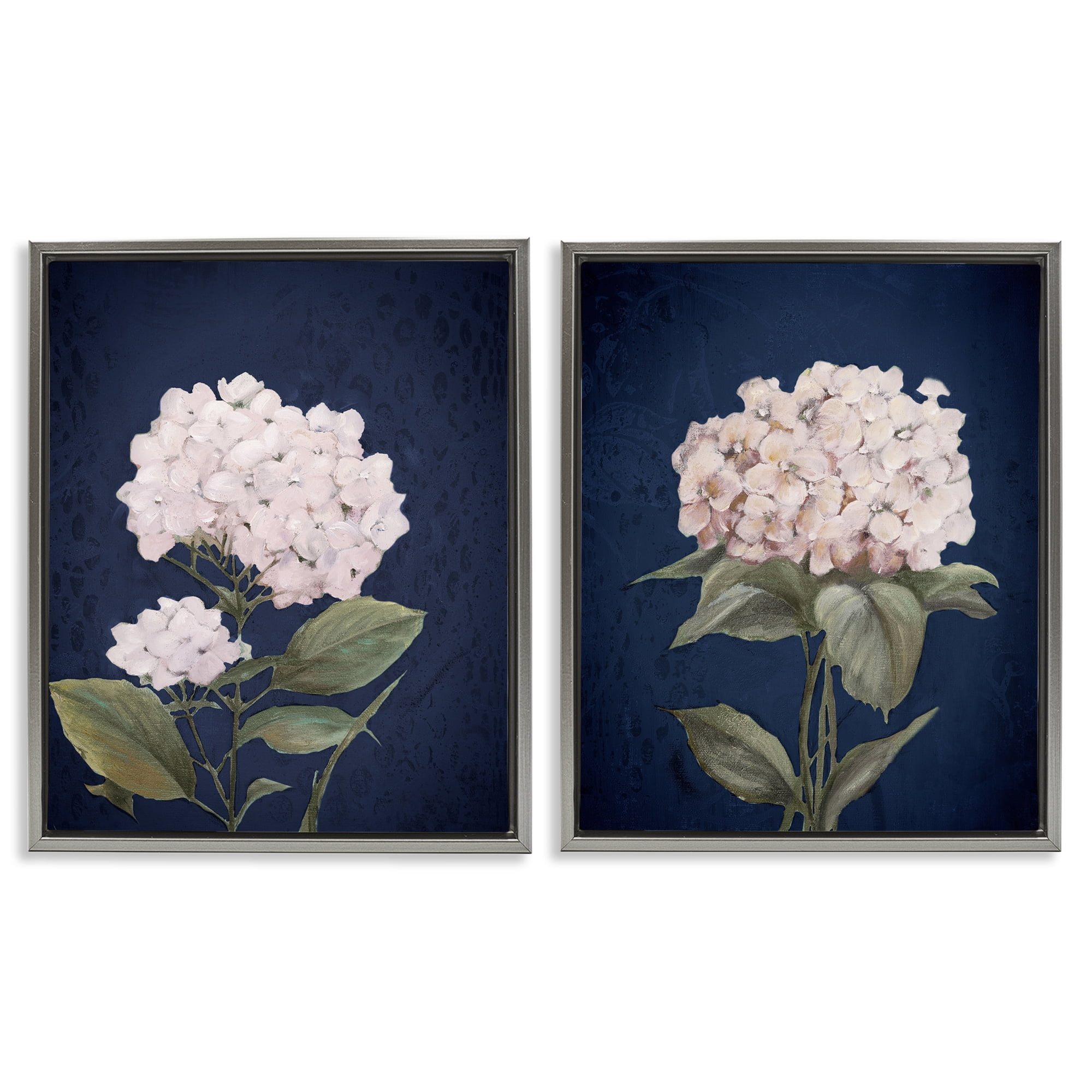 Stupell Industries Hydrangea Flower on Blue Plants & Flowers Painting Gray Floater Framed Canvas Art Print Wall Art, 31 x 25, Set of 2
