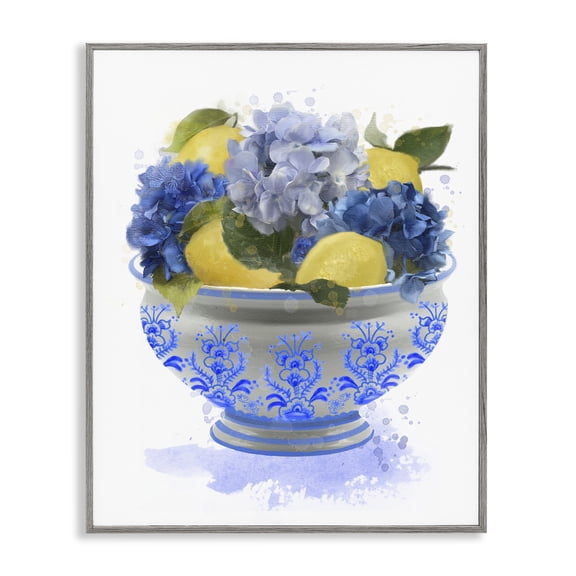 Stupell Industries Hydrangea & Lemon Bowl Food & Beverage Painting Gray Framed Art Print Wall Art, 24 x 30
