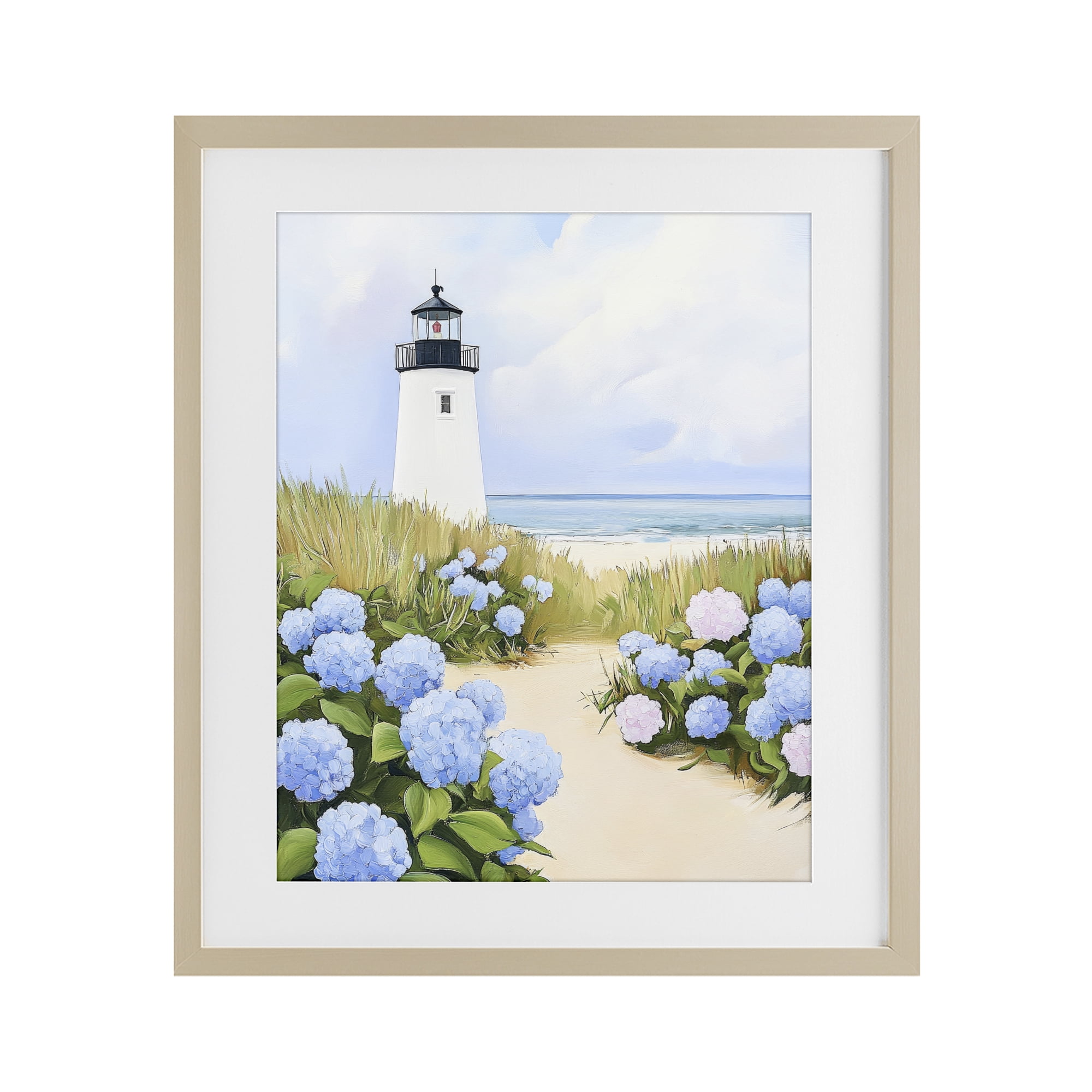 Stupell Industries Hydrangea Path Leading to Lighthouse Birch Framed Print Under Glass, design by Sisi and Seb