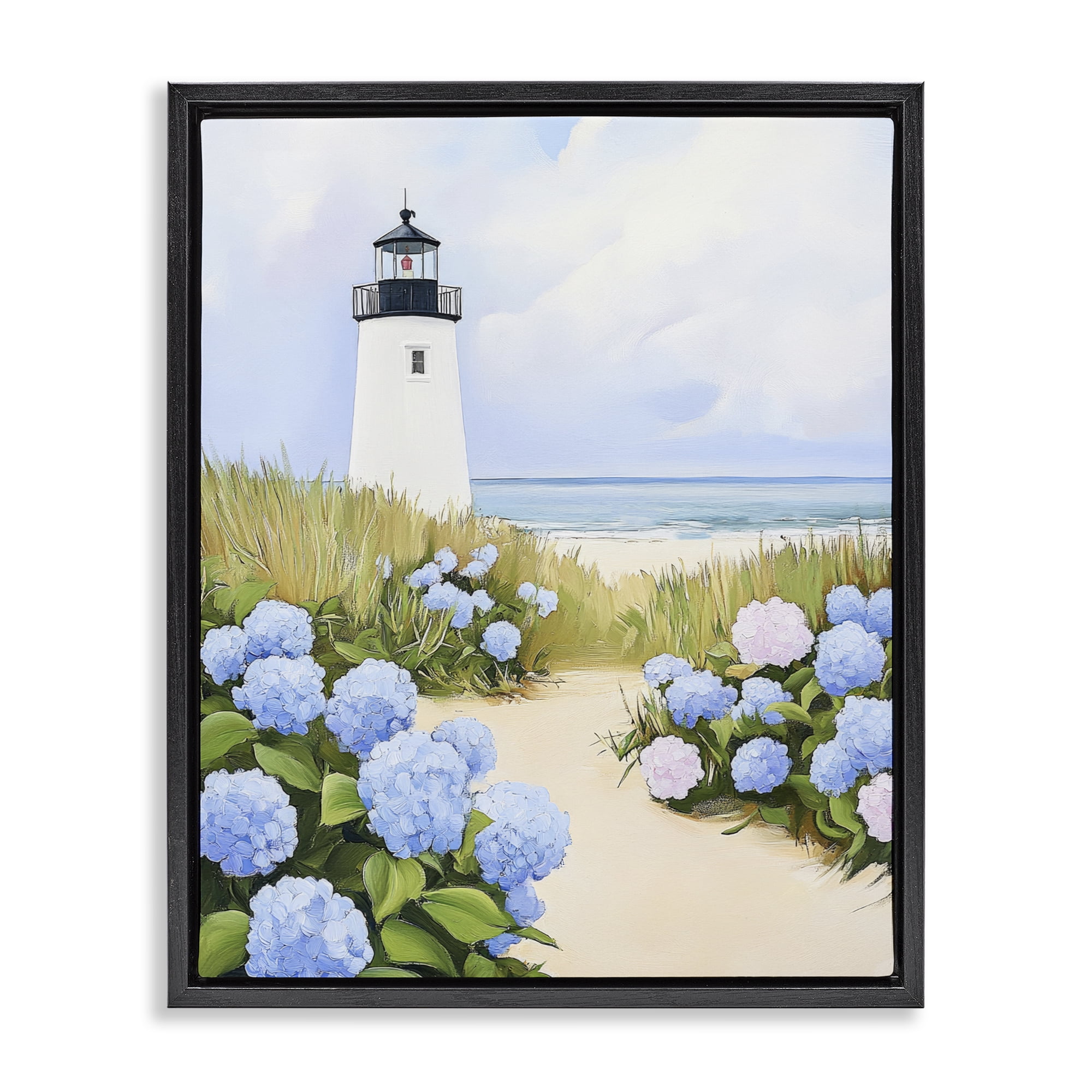 Stupell Industries Hydrangea Path Leading to Lighthouse Black Framed Floater Canvas Wall Art, design by Sisi and Seb