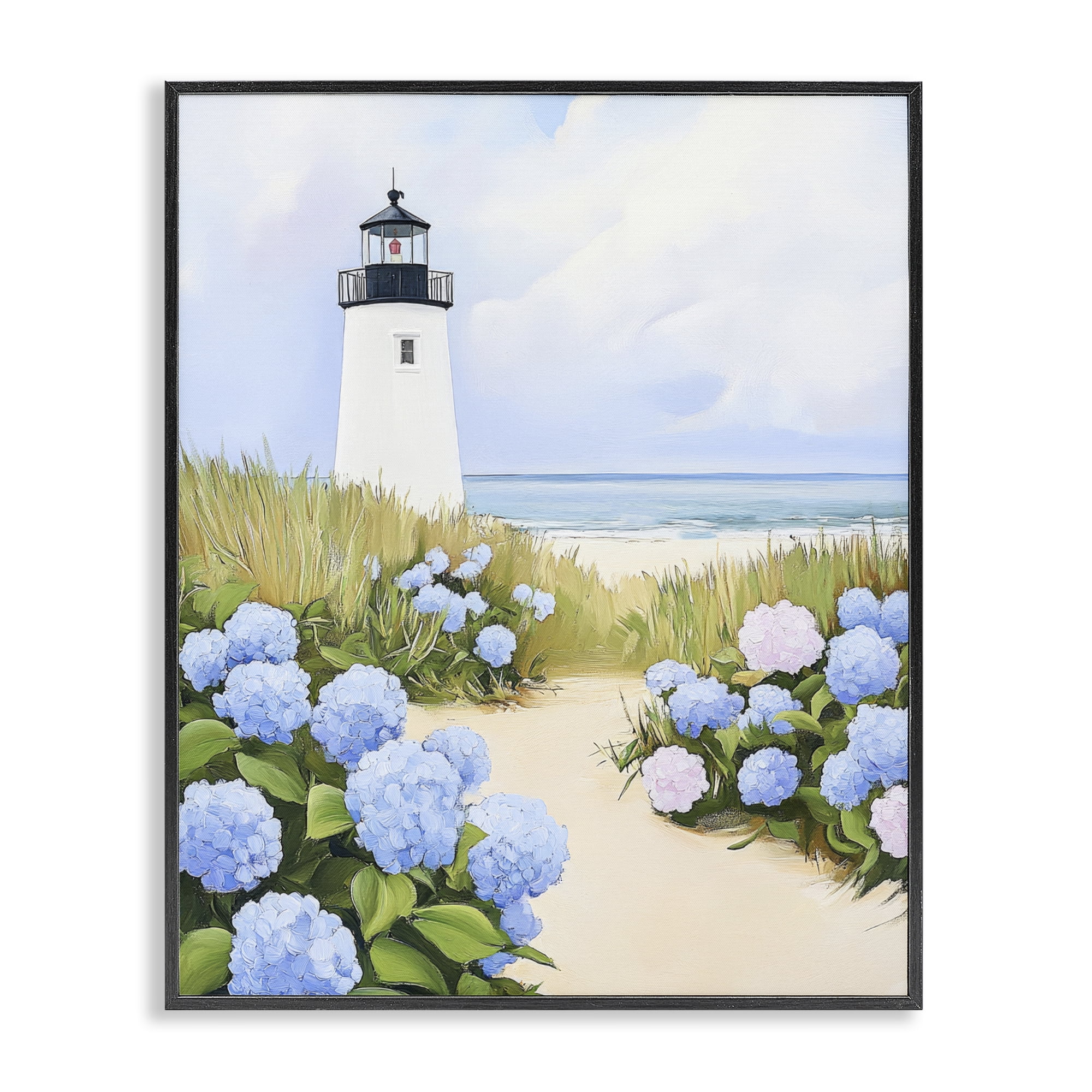Stupell Industries Hydrangea Path Leading to Lighthouse Black Framed Giclee Art, design by Sisi and Seb