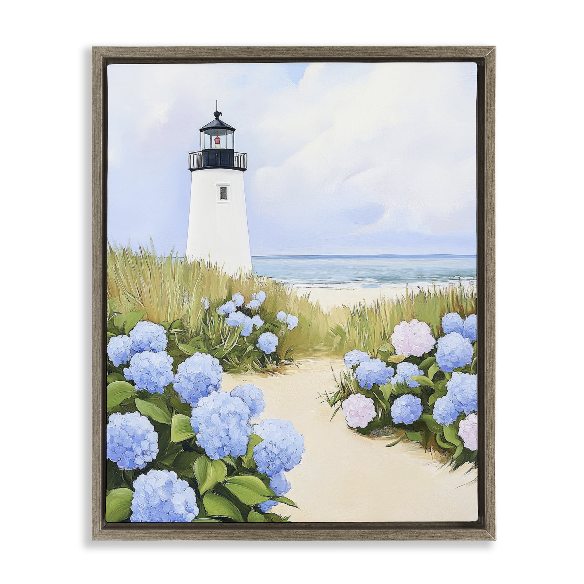 Stupell Industries Hydrangea Path Leading to Lighthouse Brown Framed Floater Canvas Wall Art, design by Sisi and Seb