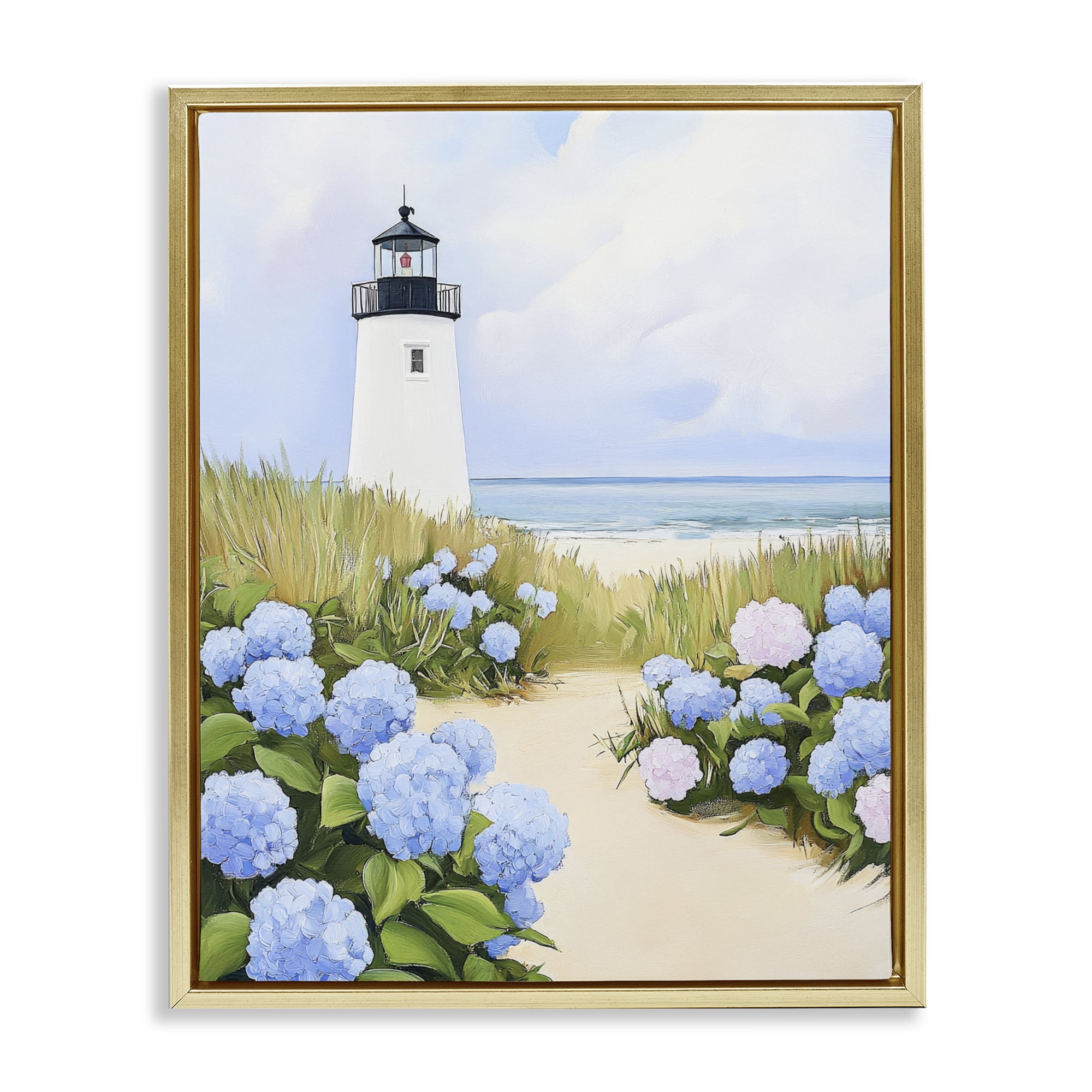 Stupell Industries Hydrangea Path Leading to Lighthouse Gold Framed Floater Canvas Wall Art, design by Sisi and Seb