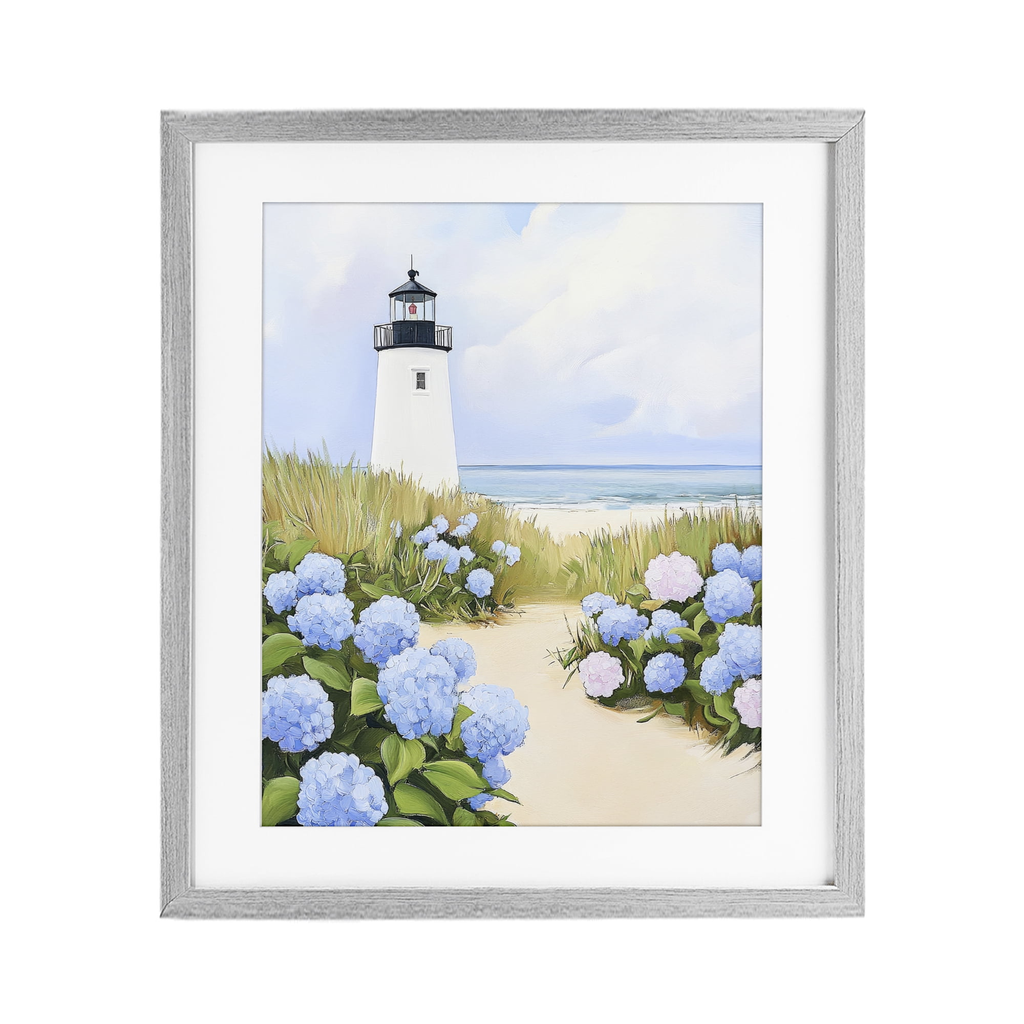 Stupell Industries Hydrangea Path Leading to Lighthouse Gray Framed Print Under Glass, design by Sisi and Seb