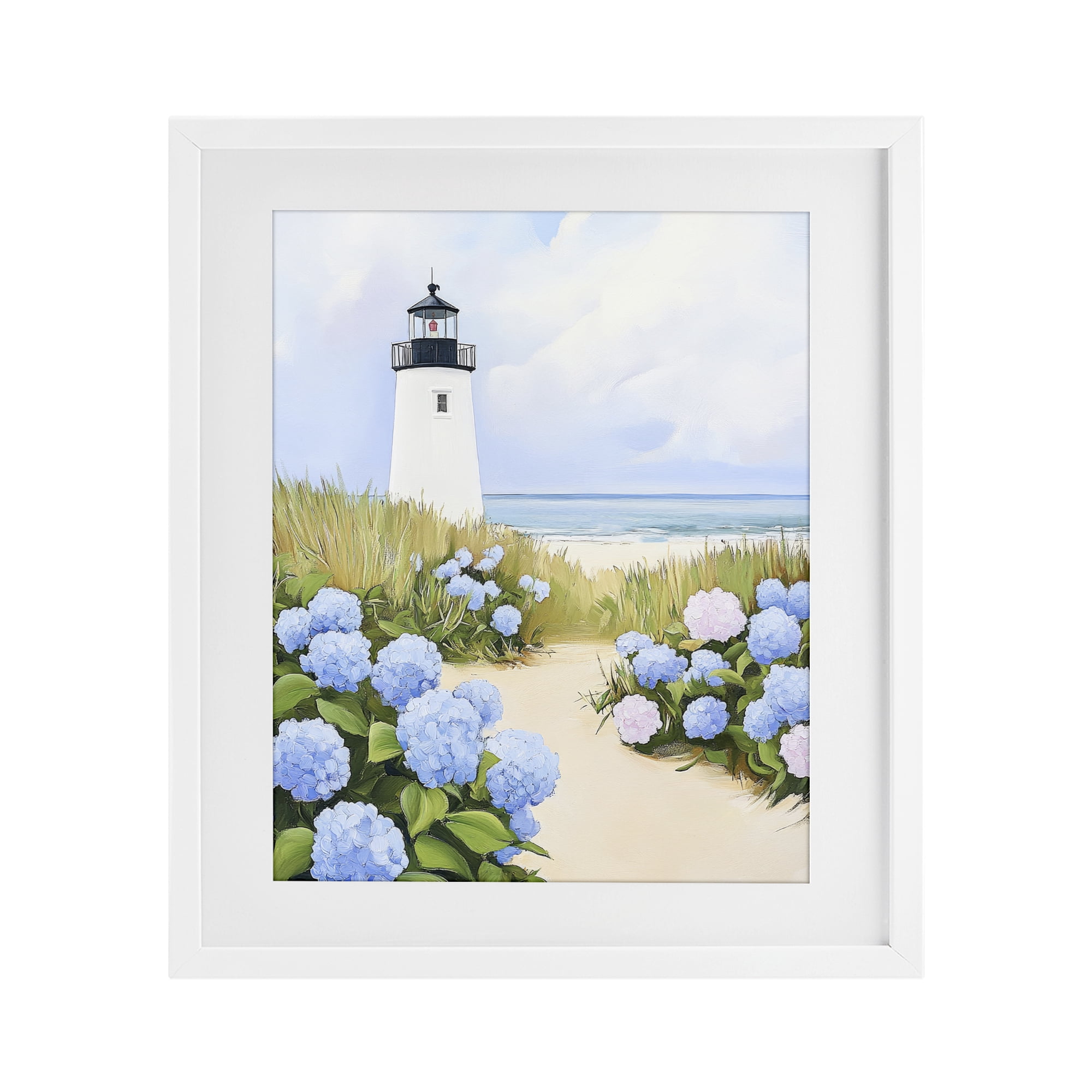 Stupell Industries Hydrangea Path Leading to Lighthouse White Framed Print Under Glass, design by Sisi and Seb