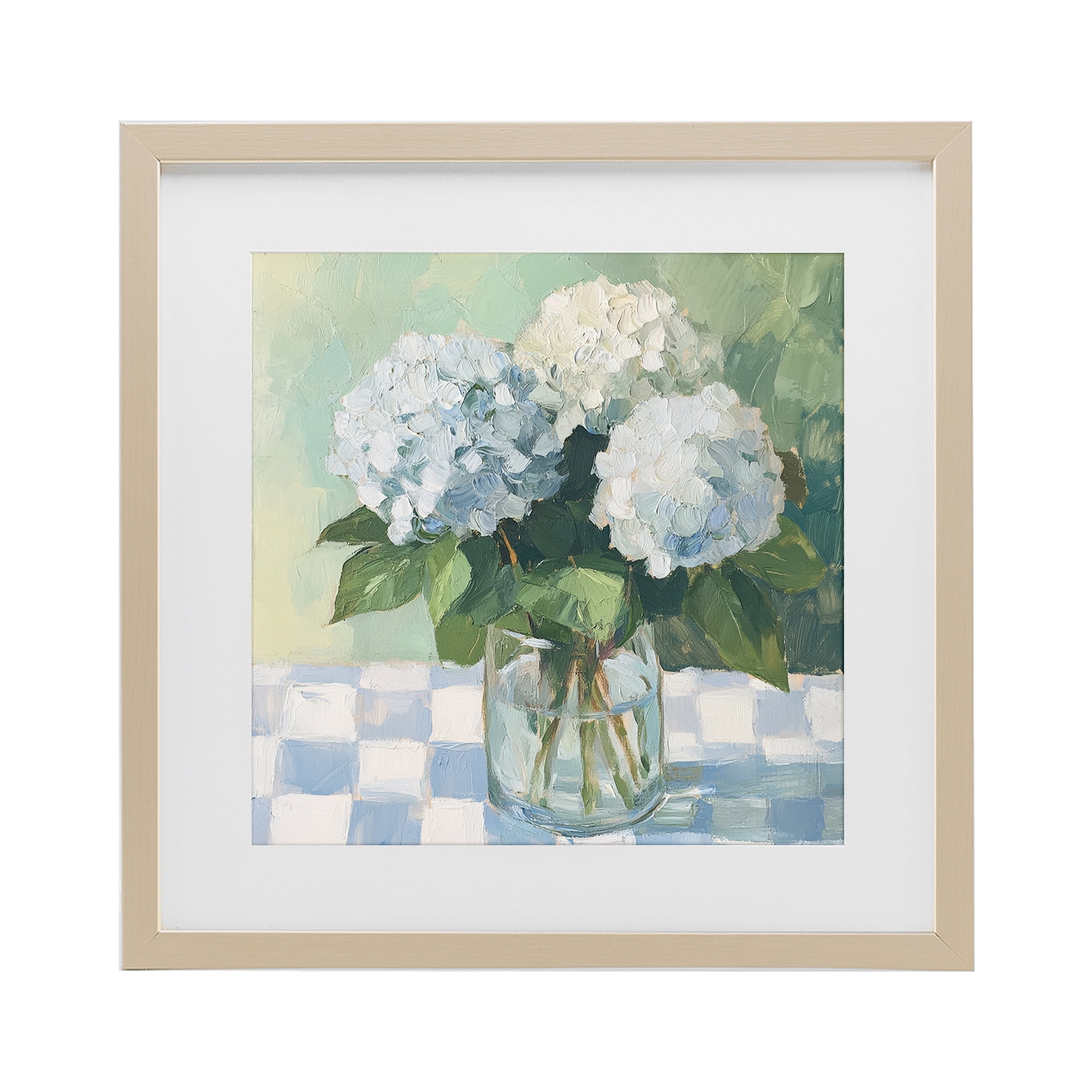 Stupell Industries Hydrangea Picnic on Checkered Birch Framed Print Under Glass, design by Petal Prints Design