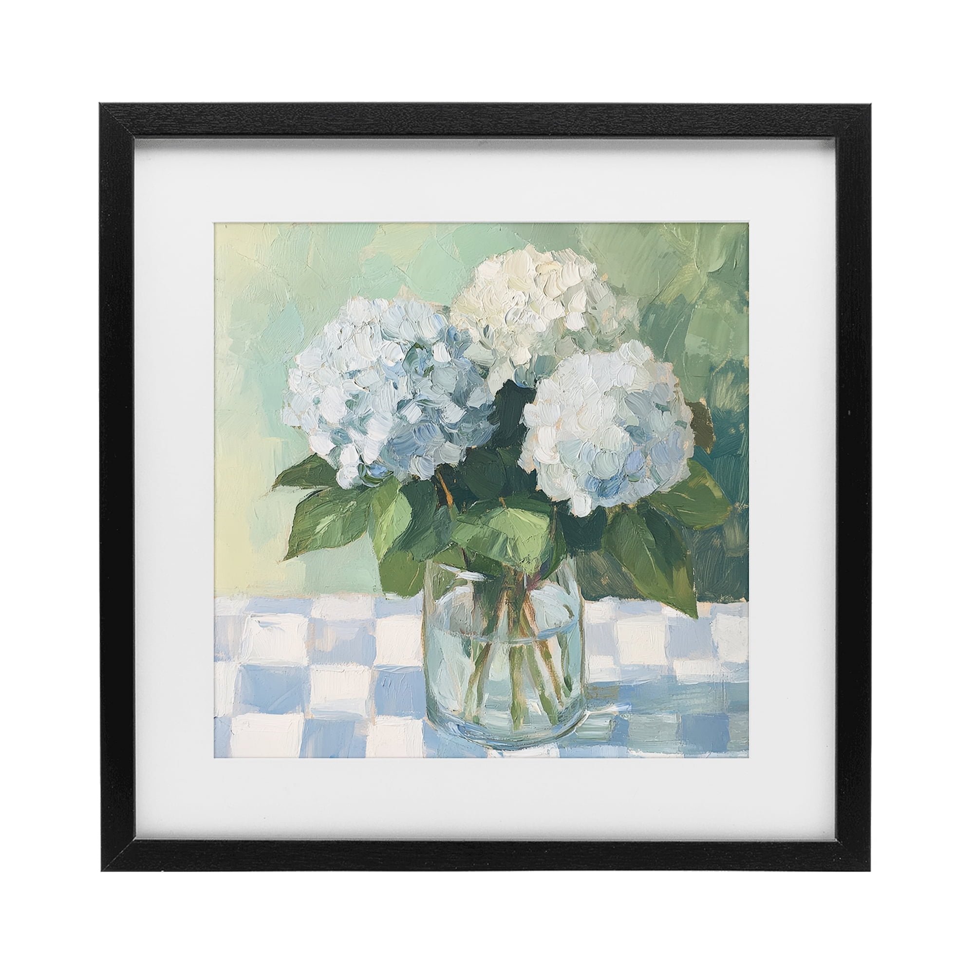 Stupell Industries Hydrangea Picnic on Checkered Black Framed Print Under Glass, design by Petal Prints Design