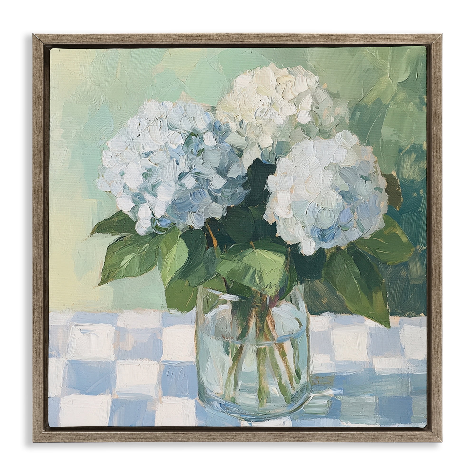 Stupell Industries Hydrangea Picnic on Checkered Brown Framed Floater Canvas Wall Art, design by Petal Prints Design
