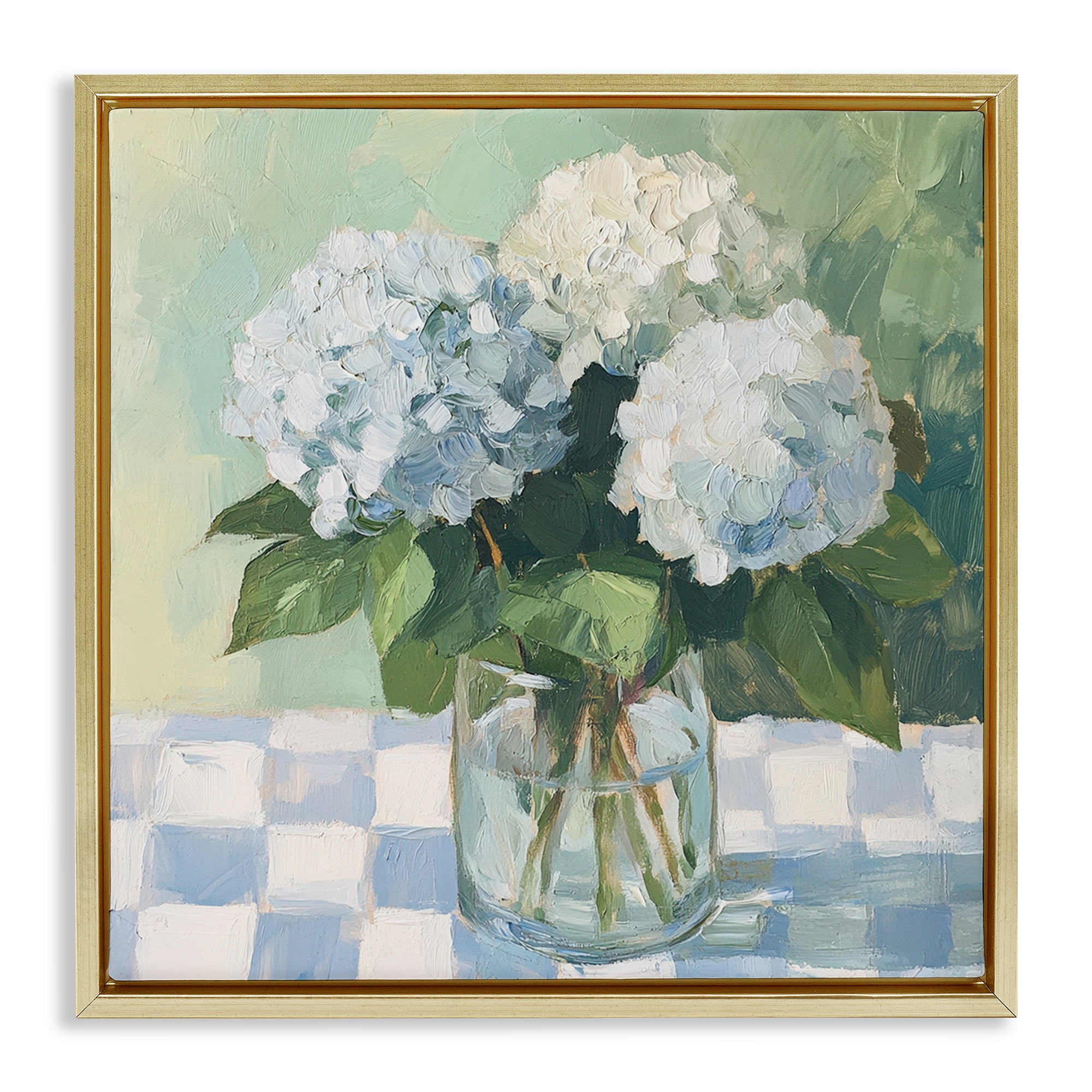 Stupell Industries Hydrangea Picnic on Checkered Gold Framed Floater Canvas Wall Art, design by Petal Prints Design