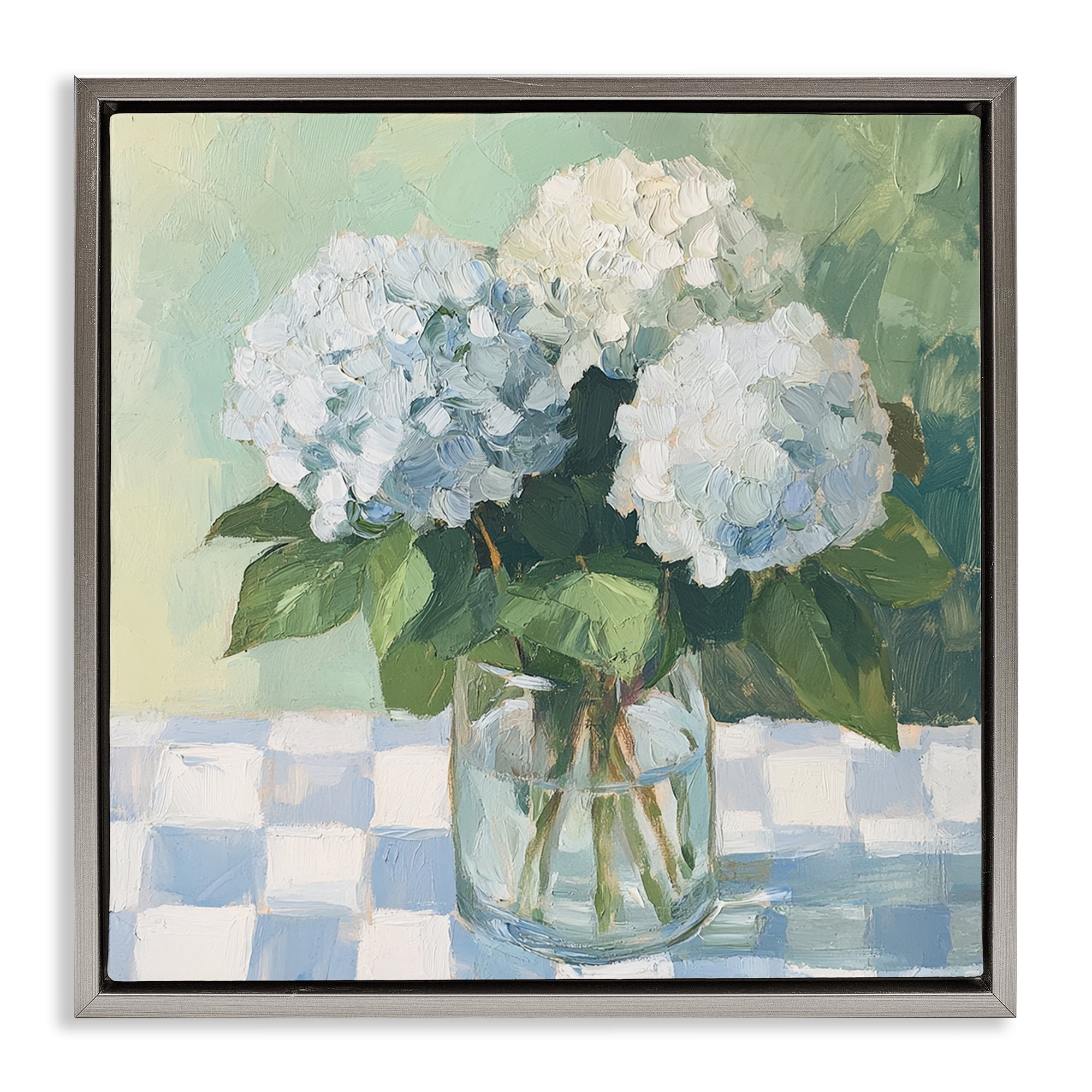 Stupell Industries Hydrangea Picnic on Checkered Gray Framed Floater Canvas Wall Art, design by Petal Prints Design