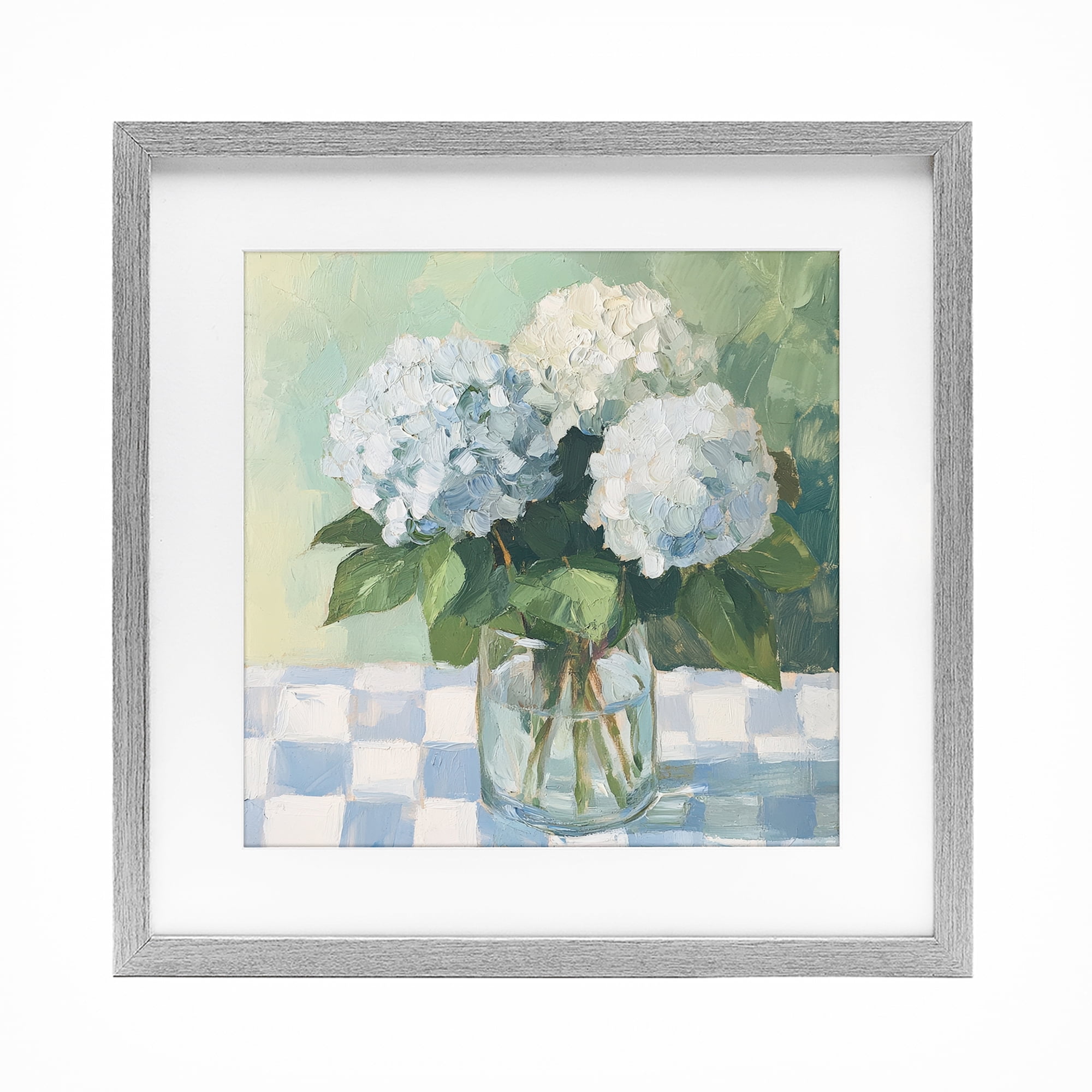 Stupell Industries Hydrangea Picnic on Checkered Gray Framed Print Under Glass, design by Petal Prints Design