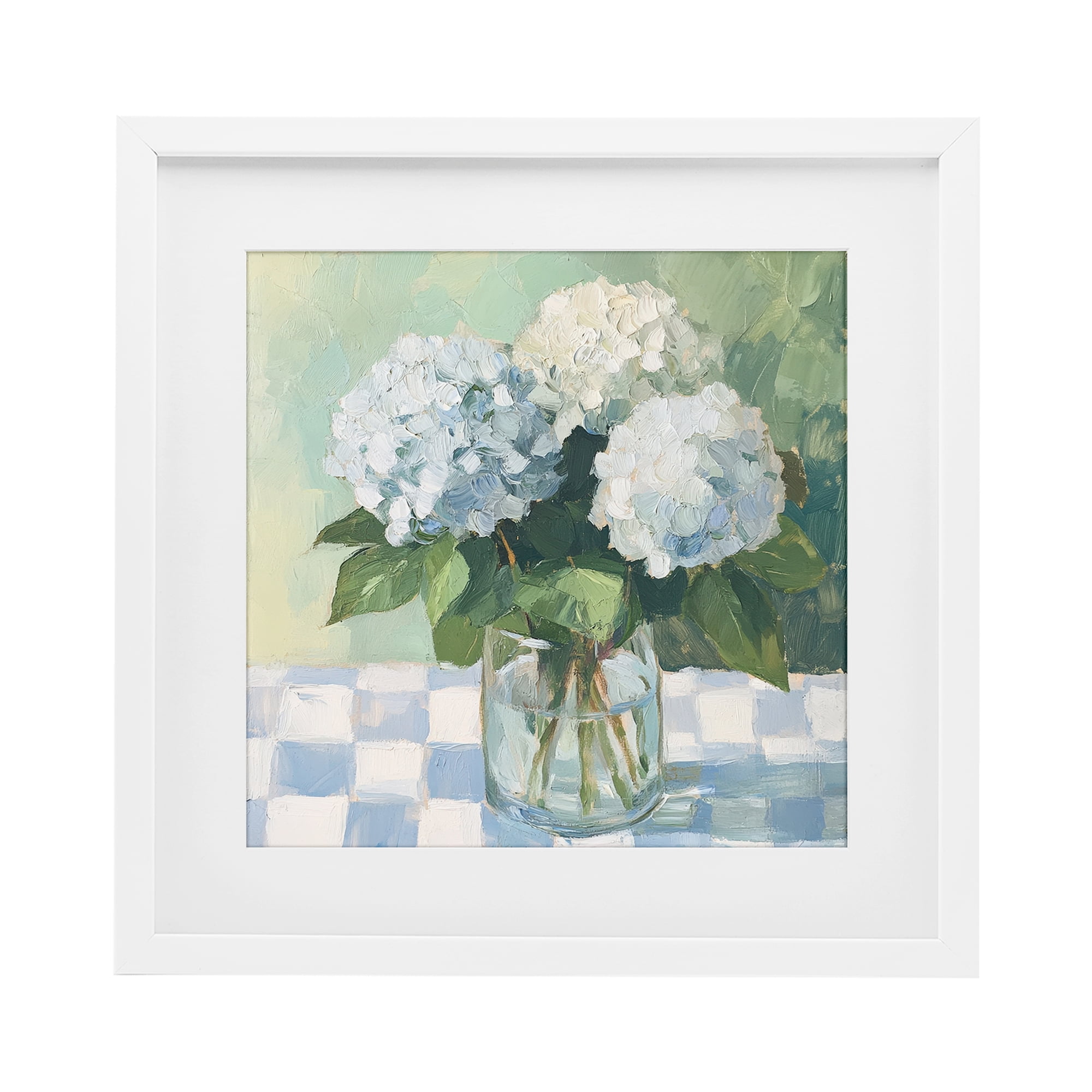 Stupell Industries Hydrangea Picnic on Checkered White Framed Print Under Glass, design by Petal Prints Design