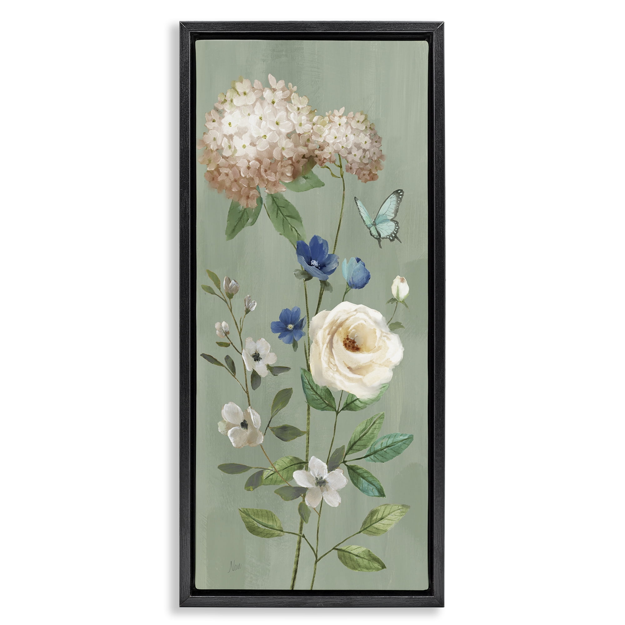Stupell Industries Hydrangea & Rose with Butterfly Black Framed Floater Canvas Wall Art, design by Nan