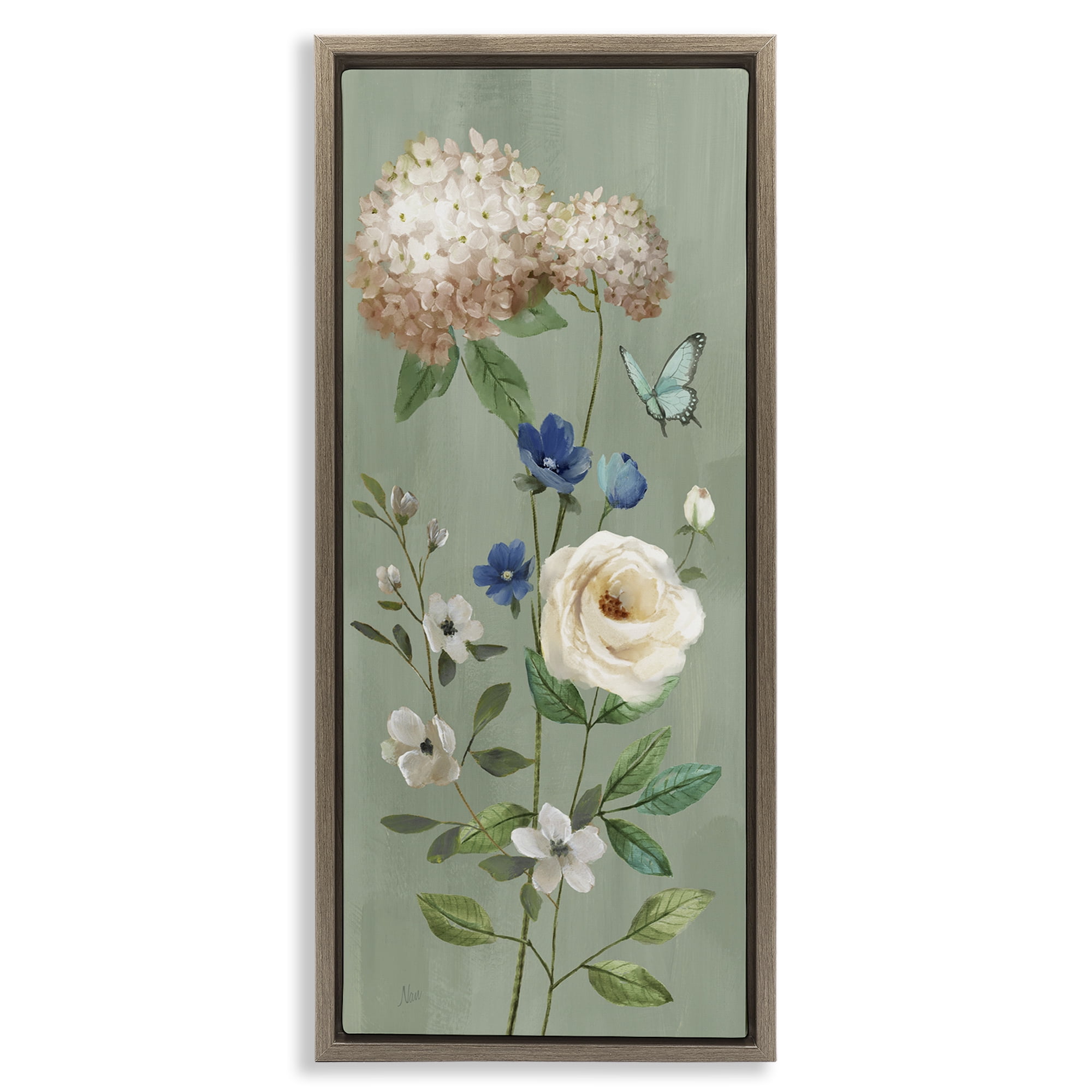 Stupell Industries Hydrangea & Rose with Butterfly Brown Framed Floater Canvas Wall Art, design by Nan
