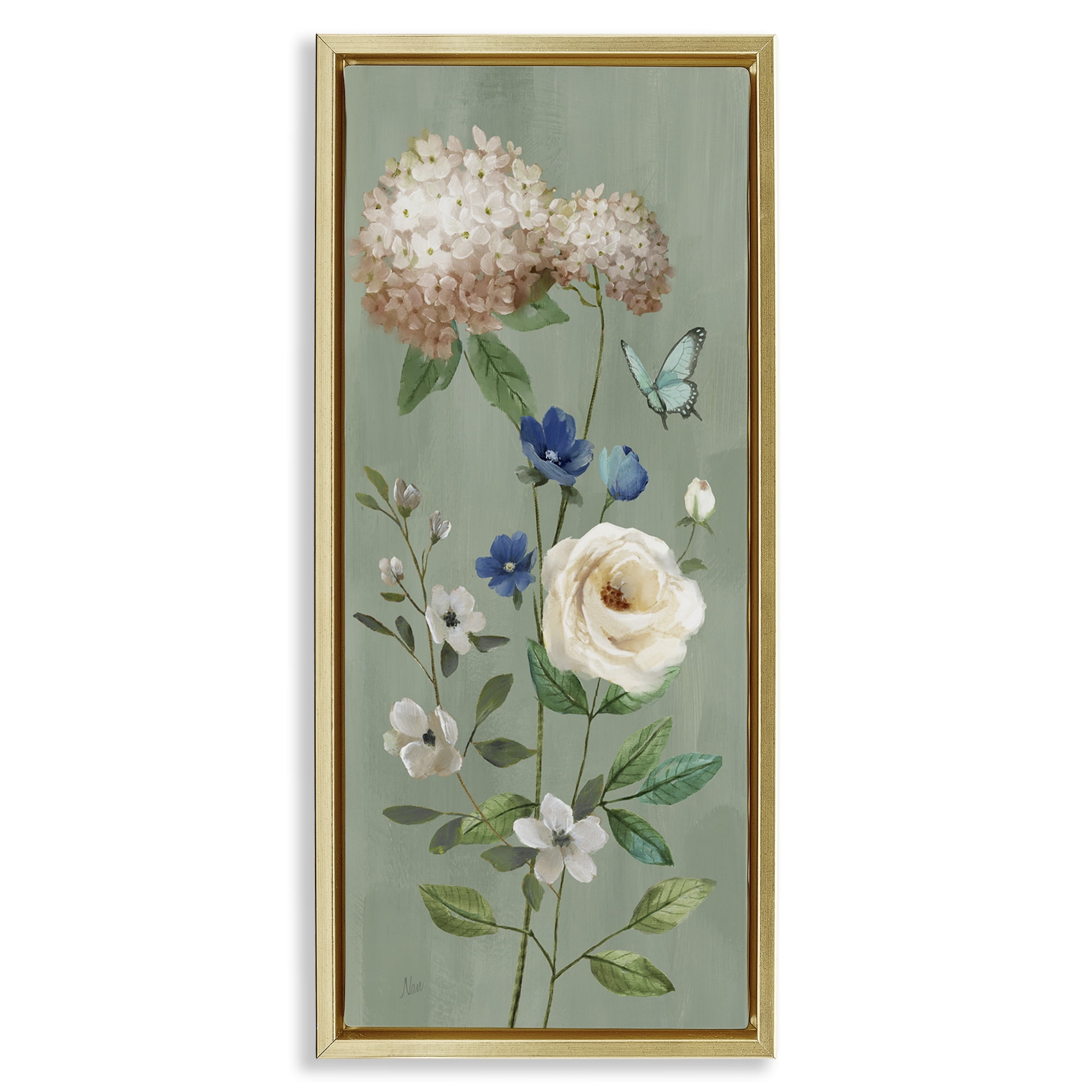 Stupell Industries Hydrangea & Rose with Butterfly Gold Framed Floater Canvas Wall Art, design by Nan