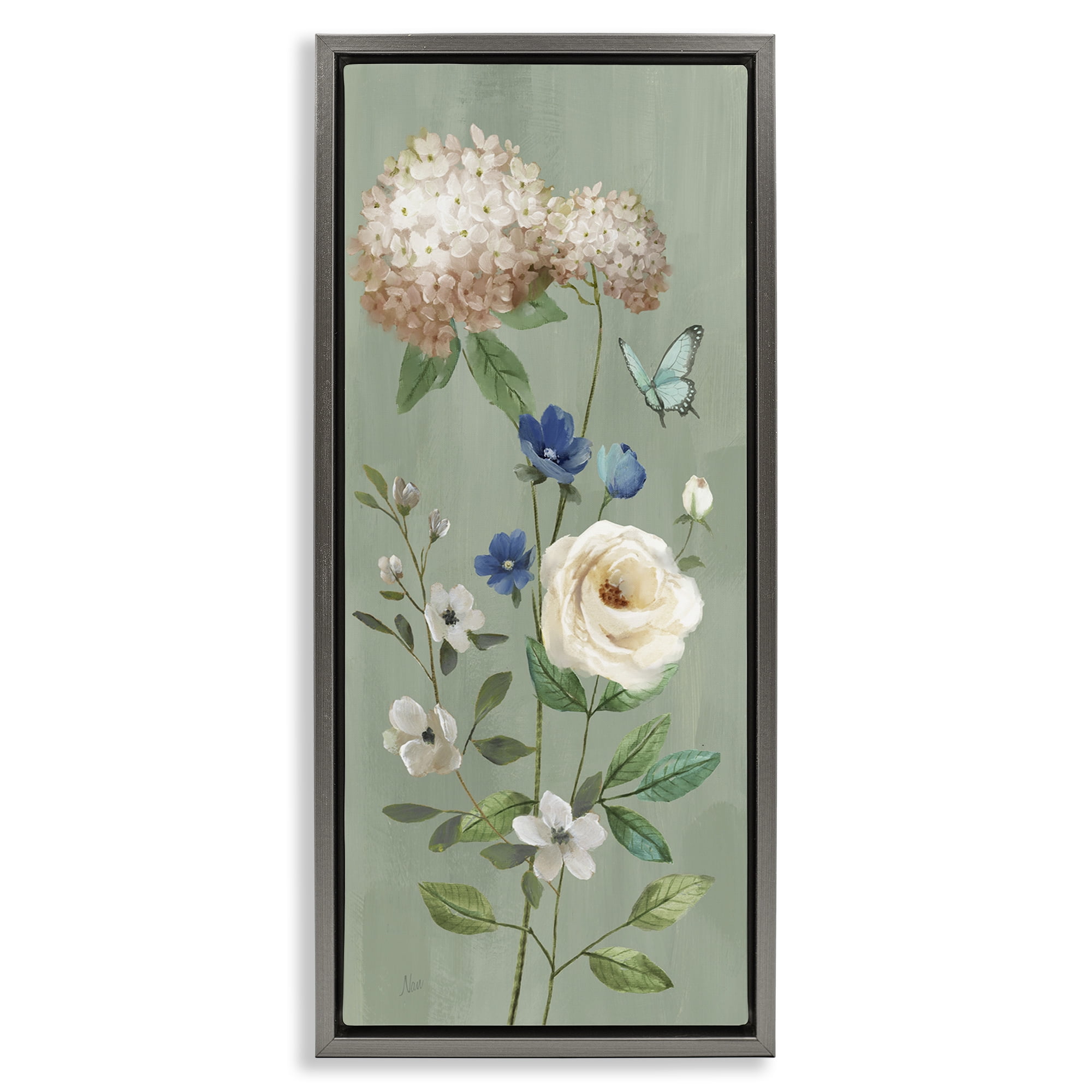 Stupell Industries Hydrangea & Rose with Butterfly Gray Framed Floater Canvas Wall Art, design by Nan