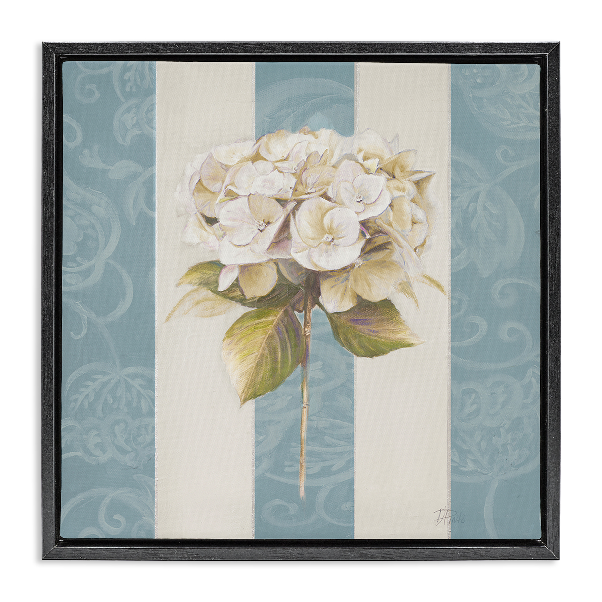 Stupell Industries Hydrangea Sprig on Stripes Plants & Flowers Painting Black Floater Framed Canvas Art Print Wall Art, 25 x 25