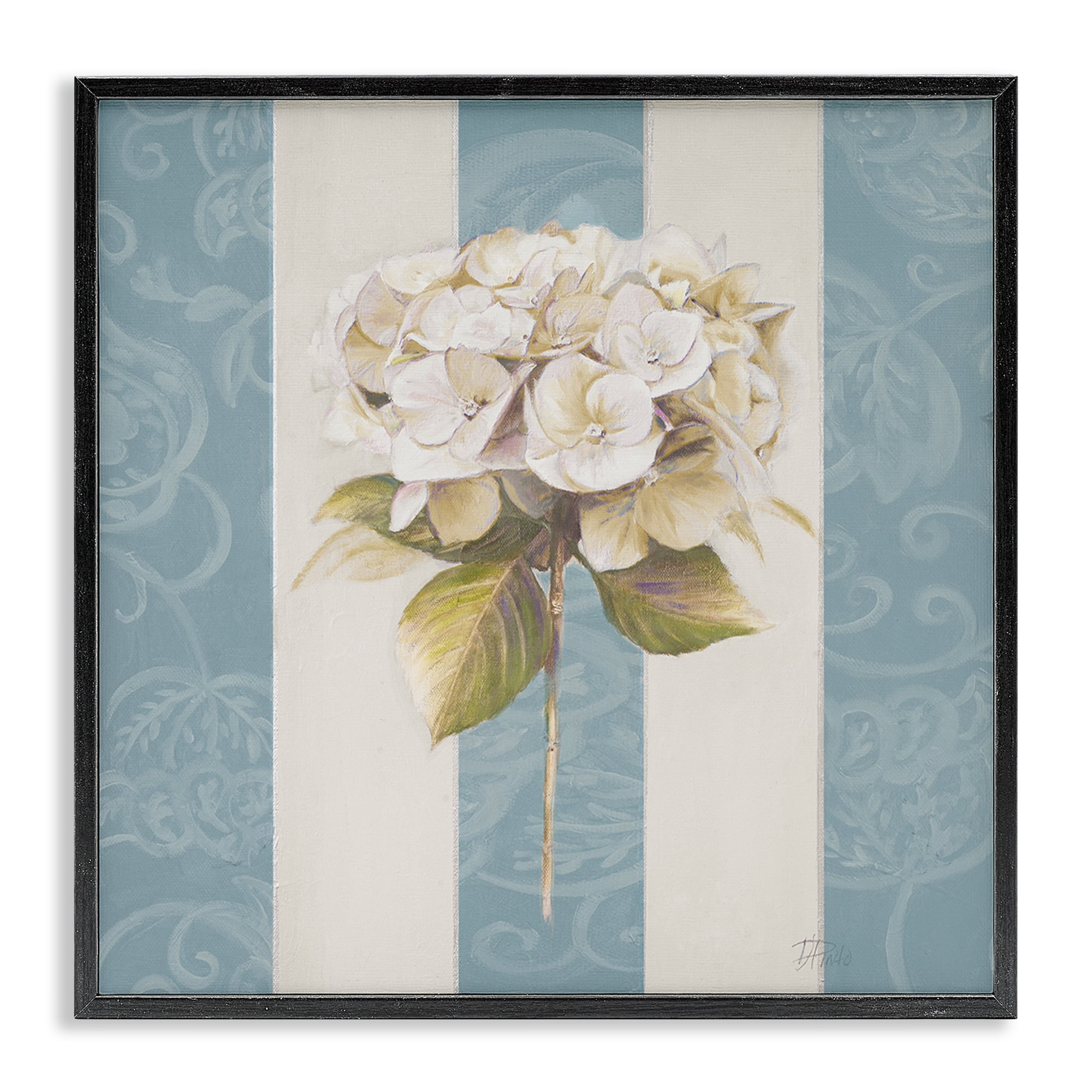 Stupell Industries Hydrangea Sprig on Stripes Plants & Flowers Painting Black Framed Art Print Wall Art, 12 x 12