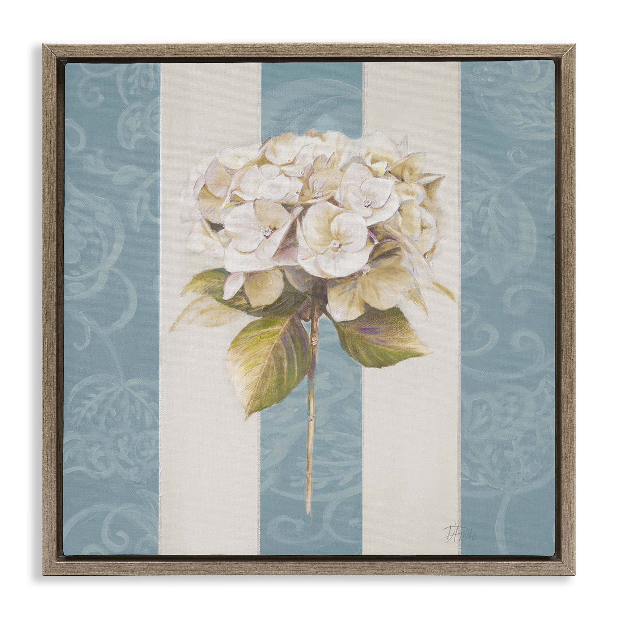Stupell Industries Hydrangea Sprig on Stripes Plants & Flowers Painting Brown Floater Framed Canvas Art Print Wall Art, 18 x 18