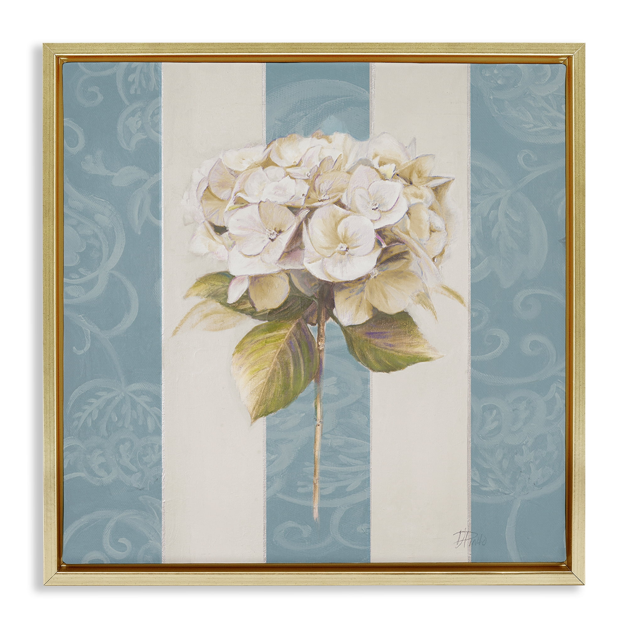 Stupell Industries Hydrangea Sprig on Stripes Plants & Flowers Painting Gold Floater Framed Canvas Art Print Wall Art, 25 x 25