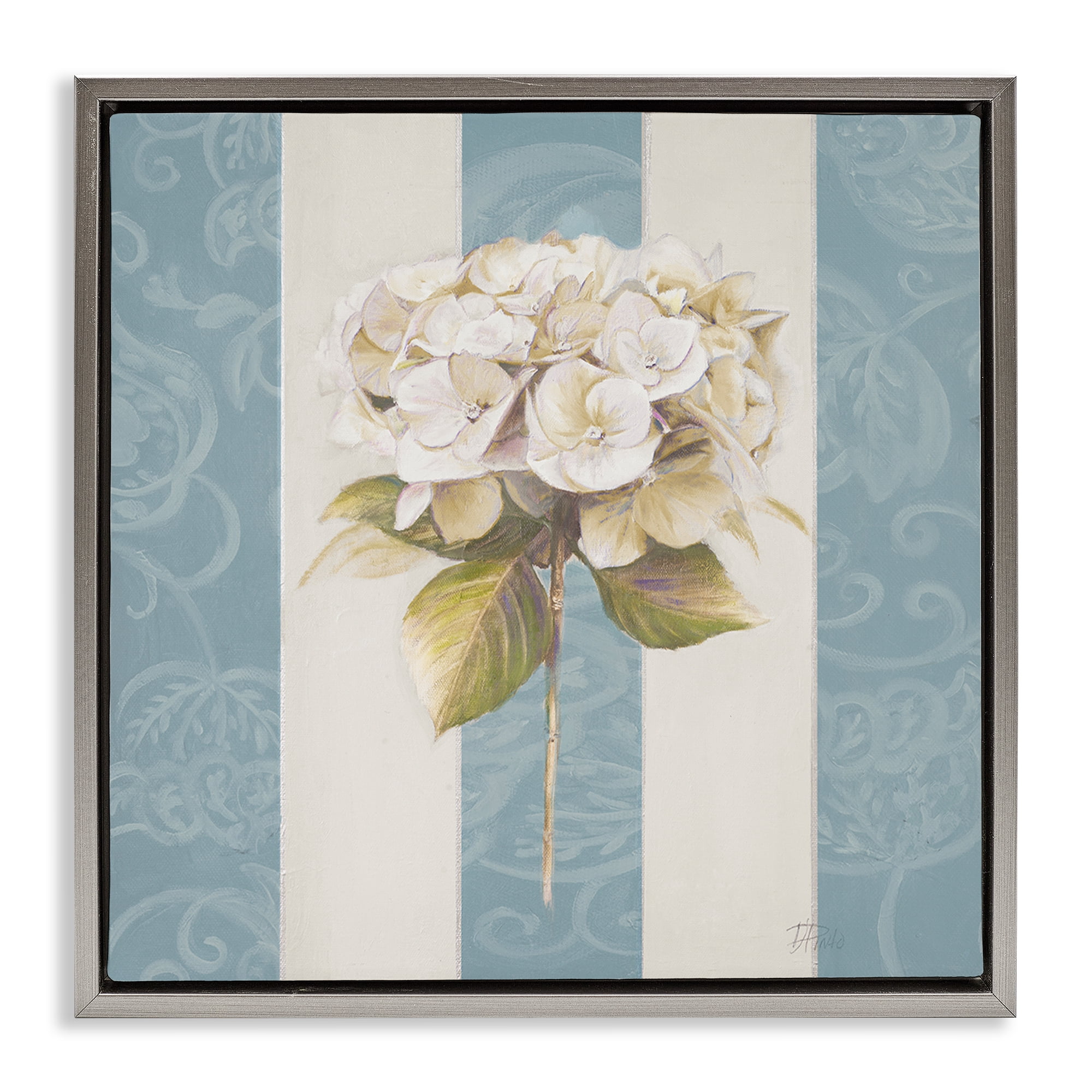 Stupell Industries Hydrangea Sprig on Stripes Plants & Flowers Painting Gray Floater Framed Canvas Art Print Wall Art, 18 x 18