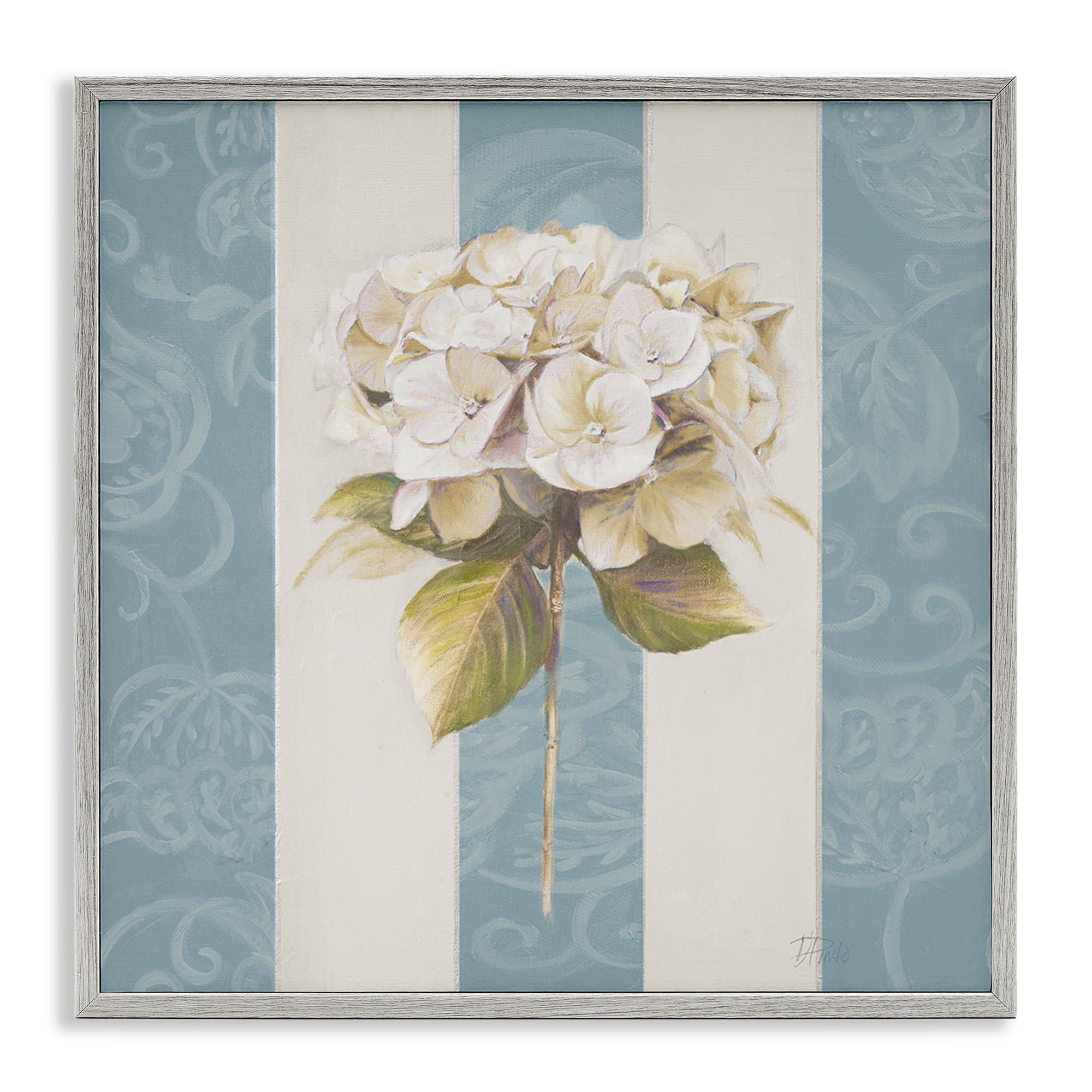 Stupell Industries Hydrangea Sprig on Stripes Plants & Flowers Painting Gray Framed Art Print Wall Art, 24 x 24