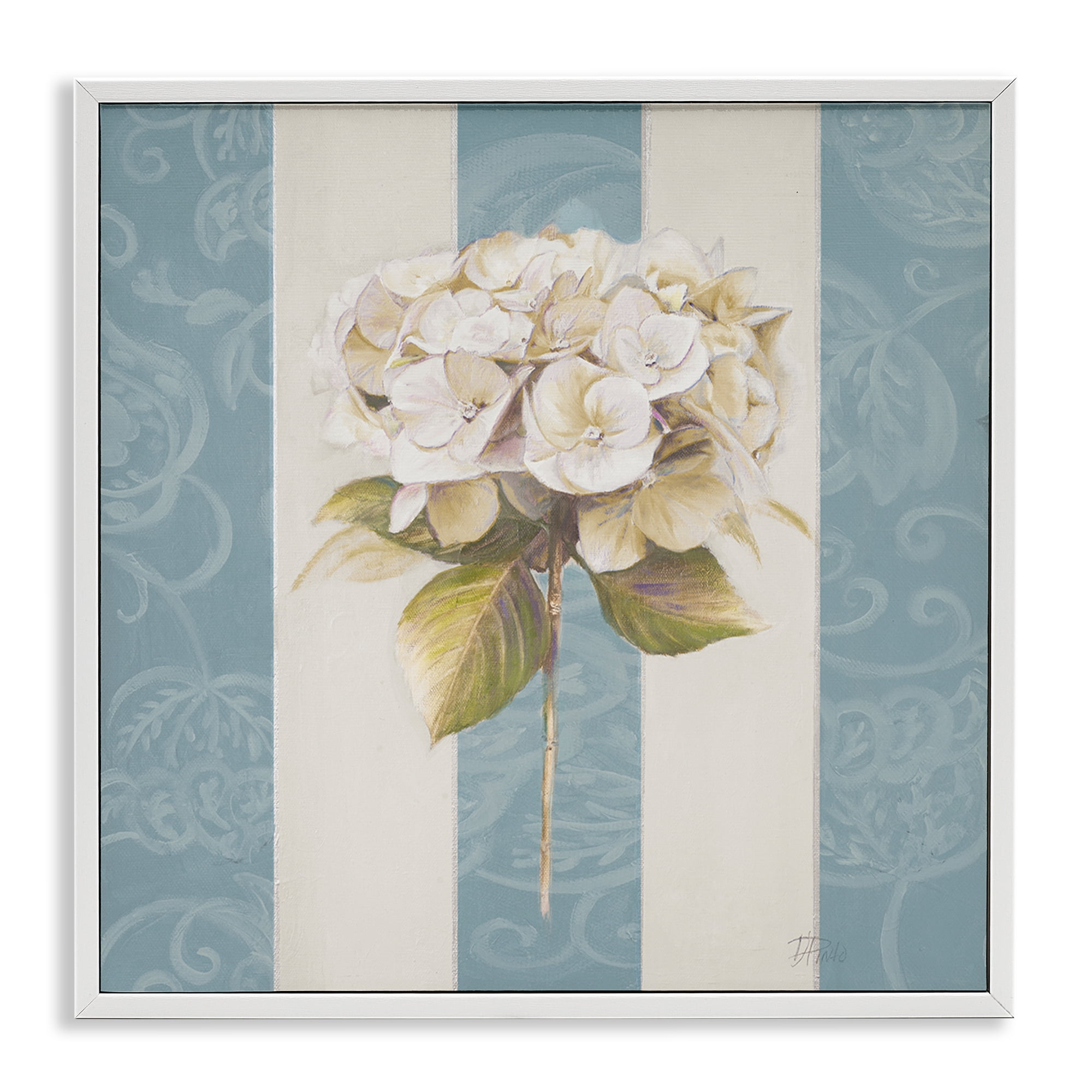 Stupell Industries Hydrangea Sprig on Stripes Plants & Flowers Painting White Framed Art Print Wall Art, 17 x 17
